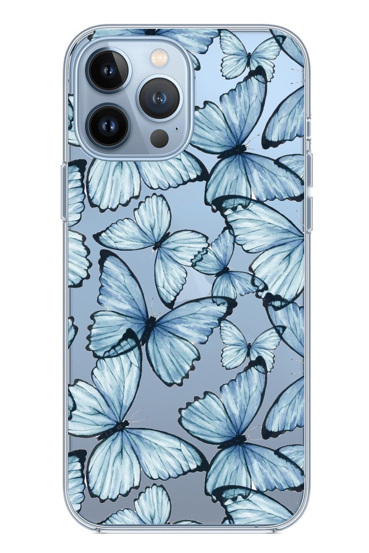 TechTree iPhone 13 PRO Uyumlu Mavi Kelebekler Tasarımlı Şeffaf Silikon Kılıf