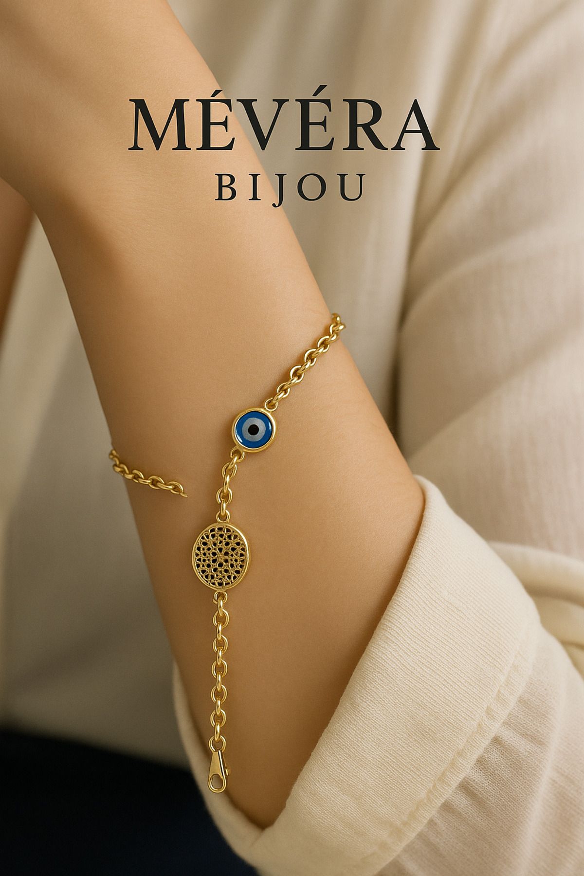 staınless steel Mevera Bijou Nazar Boncuklu Geometrik Gold Zincir Bileklik