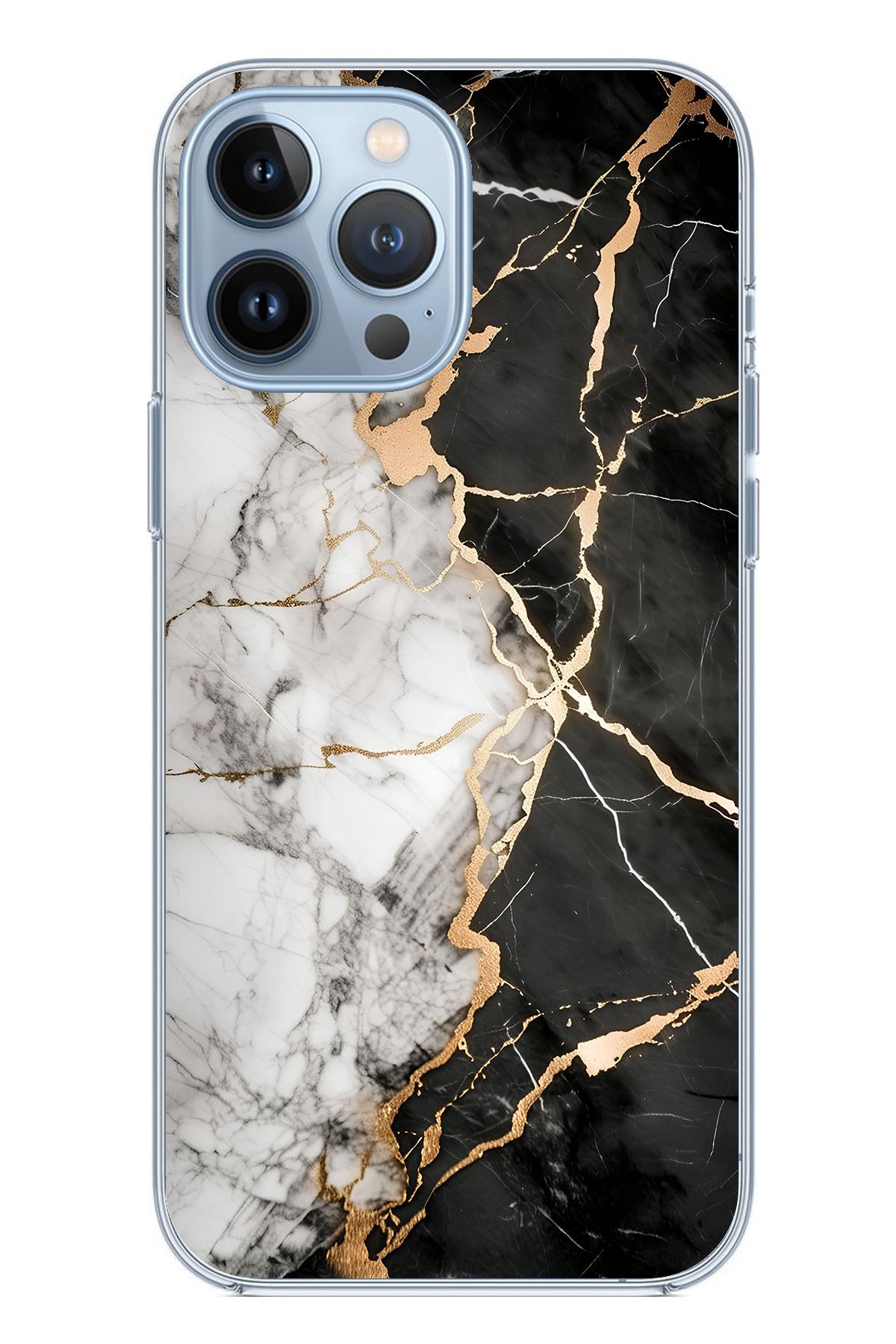 TechTree iPhone 13 PRO Uyumlu Siyah Beyaz Mermer Şeffaf Silikon Kılıf