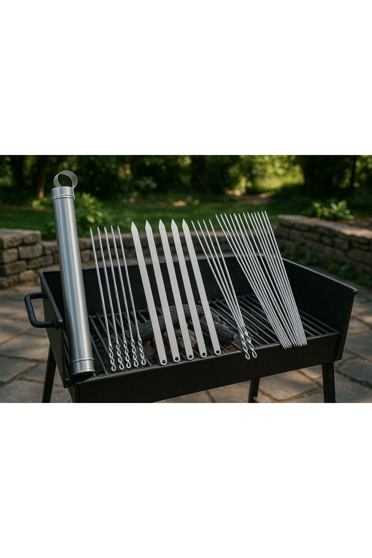 Metler Mangal Şiş Set 55 cm,6 Adet Adana Kebap Şişi,6 Adet Patlıcan Şişi+10 Ciğer Şişi+10 Adet Kuşbaşı Şişi