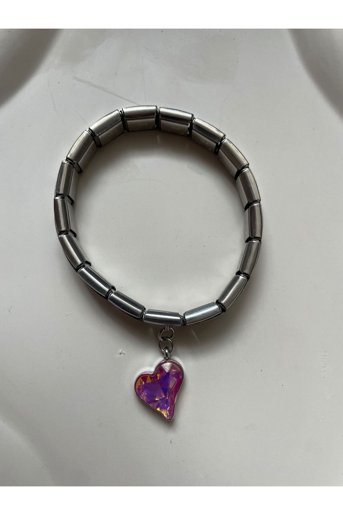 HKN AVM ACCESSORİES Çelik Italyan Charm Bileklik Pembe Kalpli Gümüş Ayarlanabilir Italyan Charm Çelik Bileklik