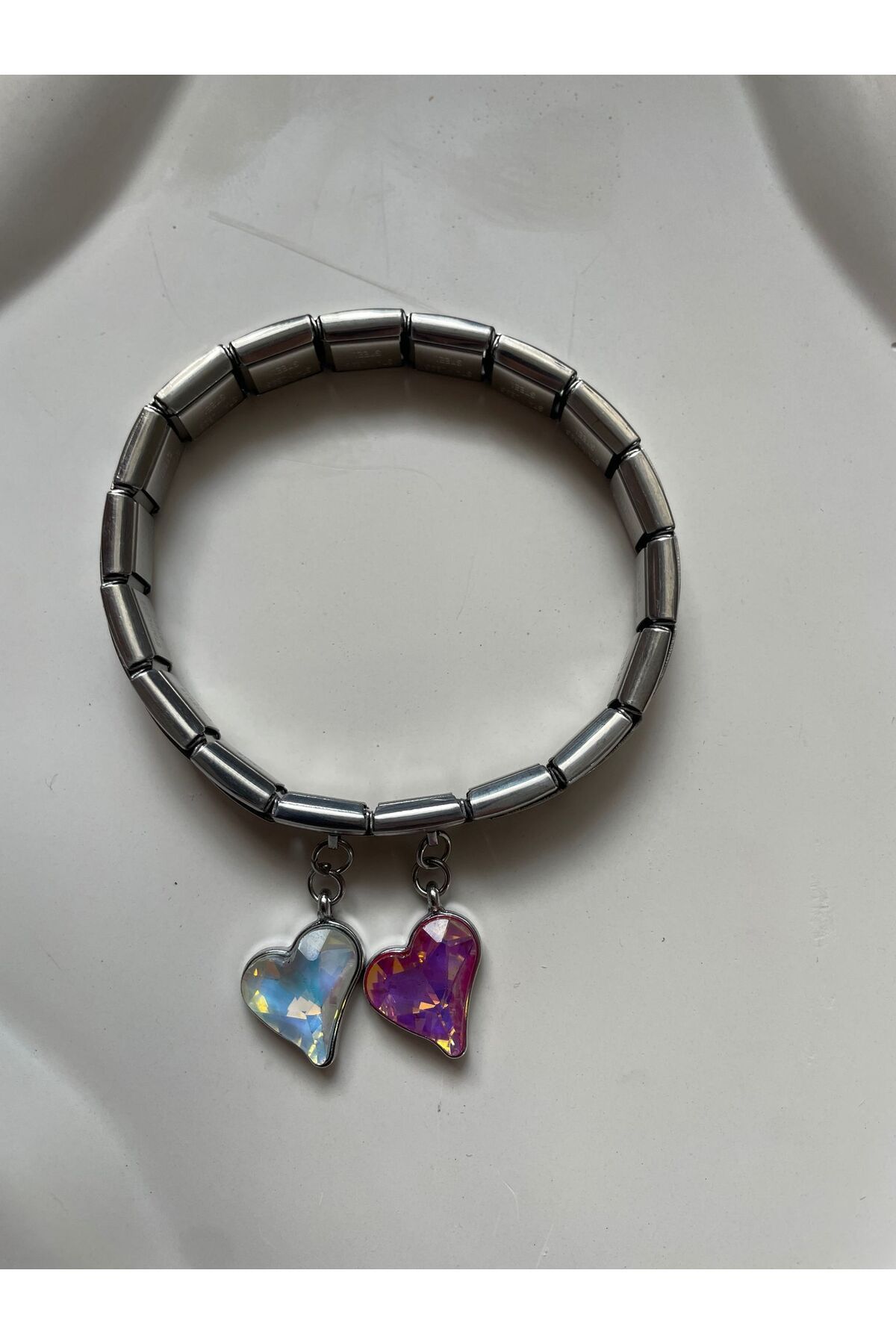 HKN AVM ACCESSORİES Çelik Italyan Charm Bileklik Beyaz Ve Pembe Kalpli Gümüş Ayarlanabilir Italyan Charm Çelik Bileklik