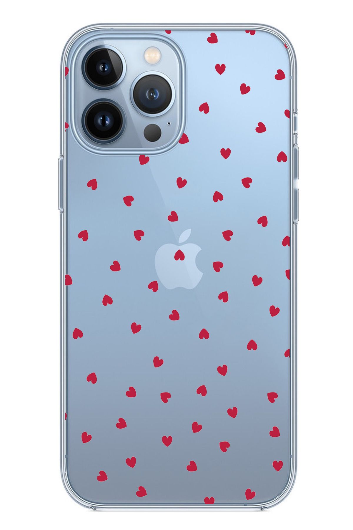 TechTree iPhone 13 PRO Uyumlu Kırmızı Kalpler Tasarımlı Şeffaf Silikon Kılıf