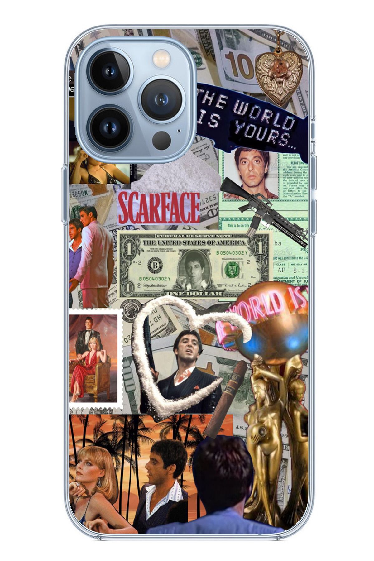 TechTree iPhone 13 PRO Uyumlu Scarface Kolaj Tasarımlı Şeffaf Silikon Kılıf