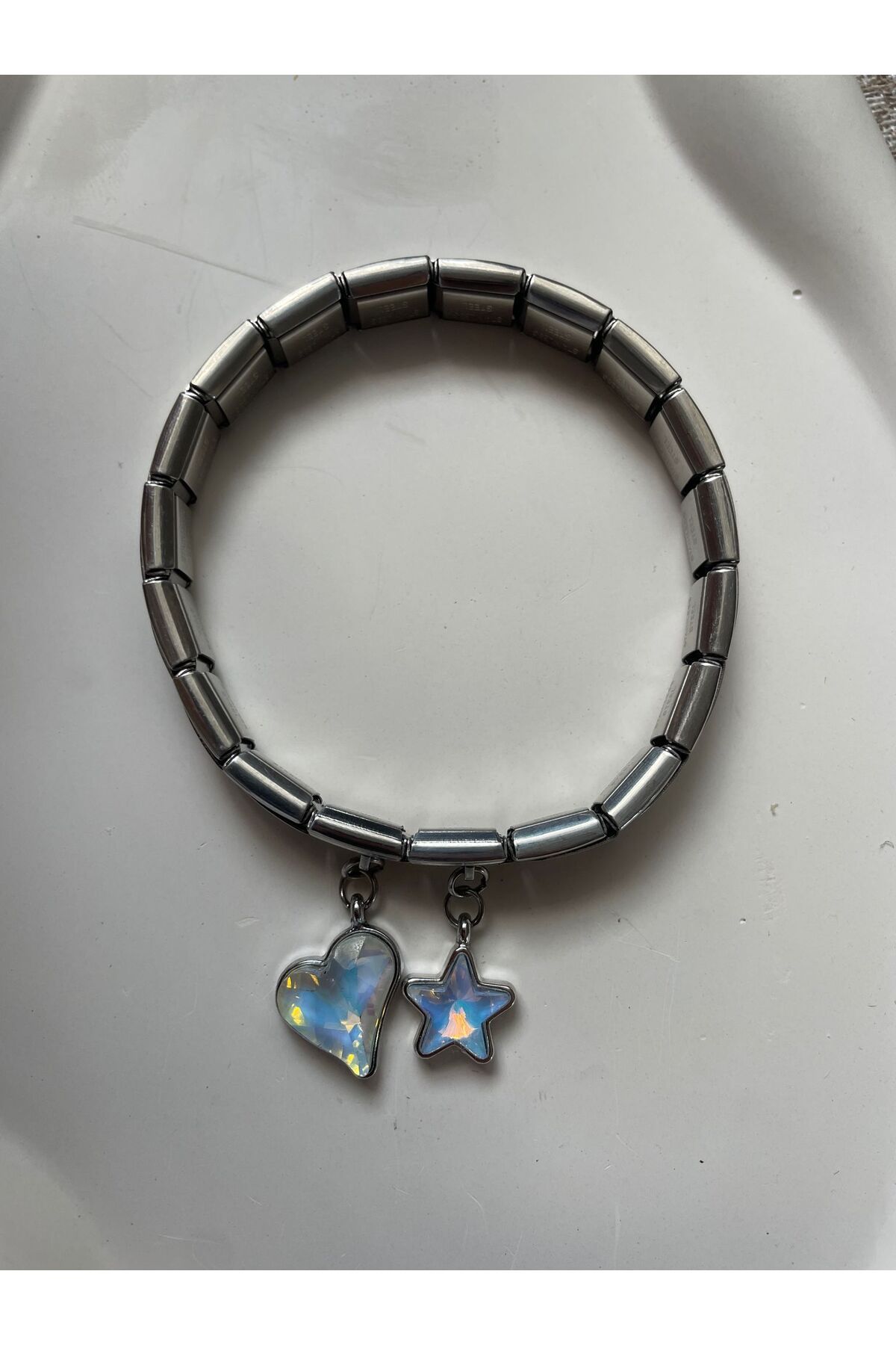 HKN AVM ACCESSORİES Çelik Italyan Charm Bileklik Yıldızlı Ve Kalpli Gümüş Ayarlanabilir Italyan Charm Çelik Bileklik