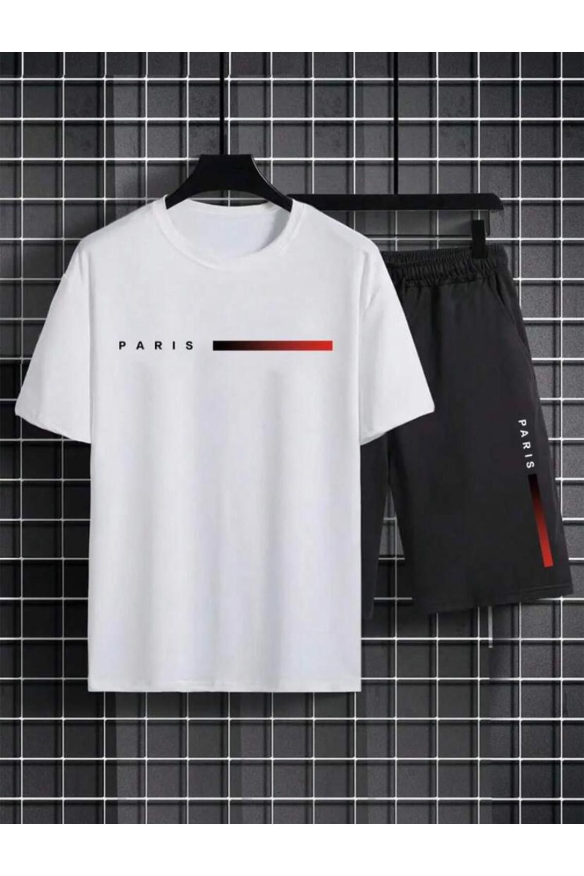 khufu Oversize Bisiklet Yaka Alt Üst T-shirt Şortlu PARİİSE Baskılı ikili Takım Unisex