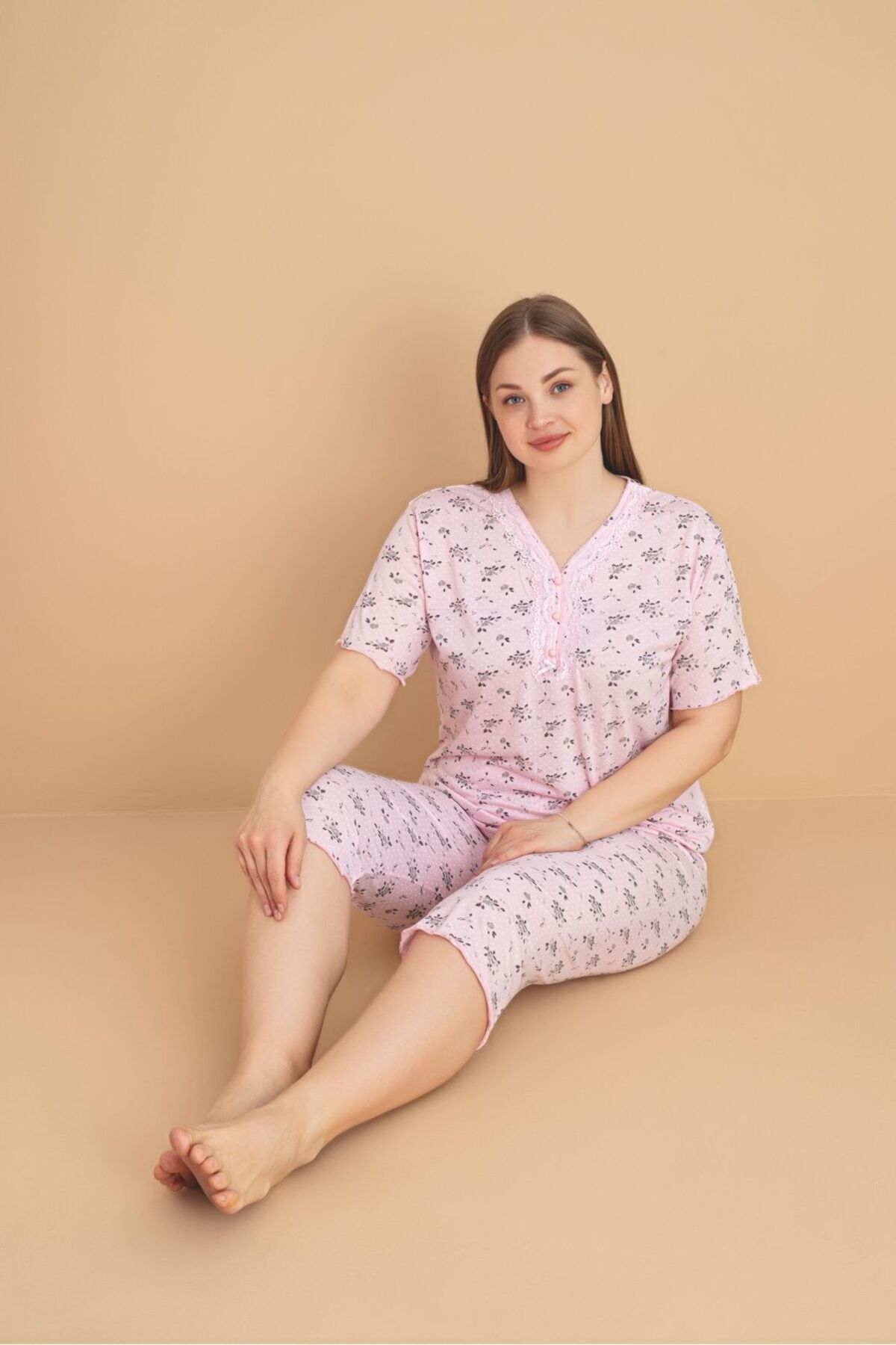 wear treasure Kadın Büyük Beden Kısa Kollu Kapri Bambu Pijama Takımı