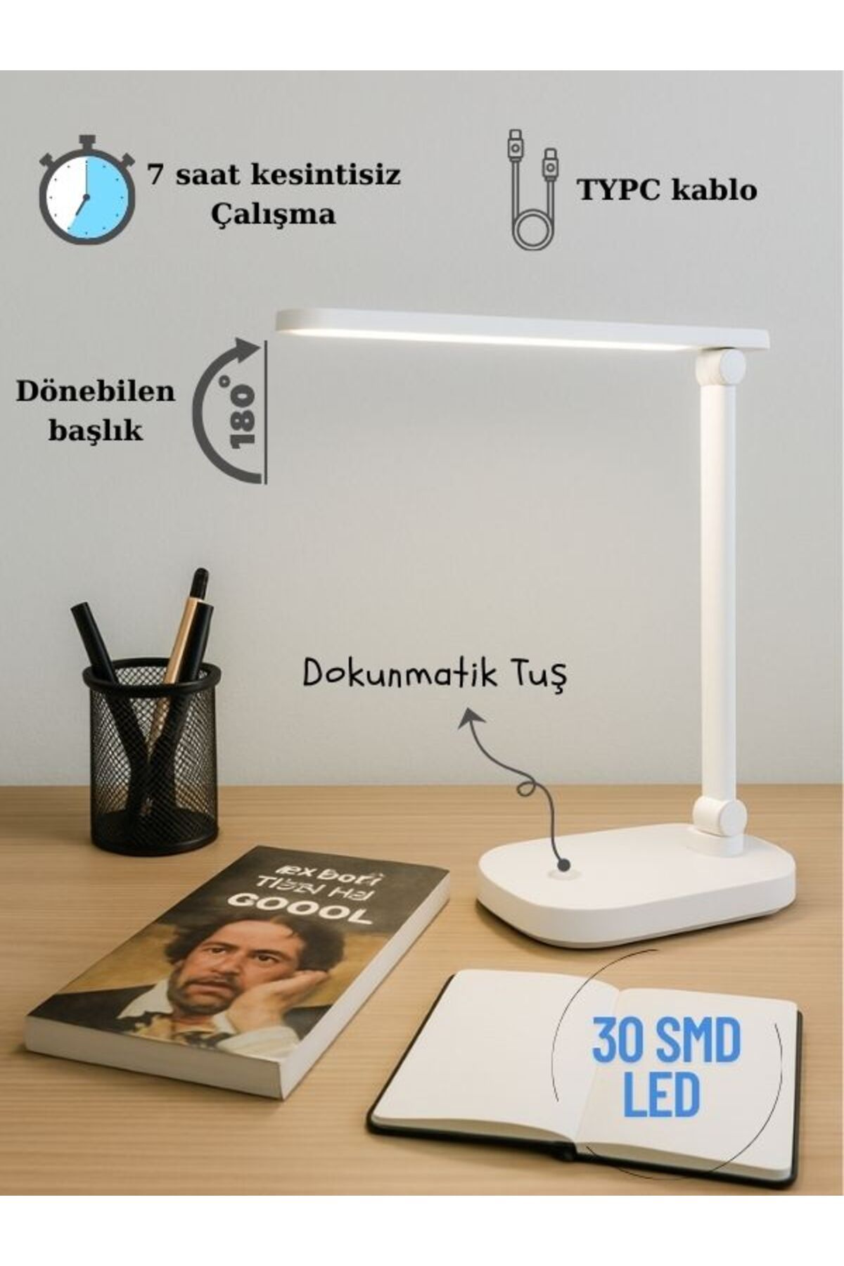 TAREZ ST-7901 Şarjlı LED Masa Lambası, Dokunmatik Masaüstü Çalışma Masası Lambası 30 SMD LED