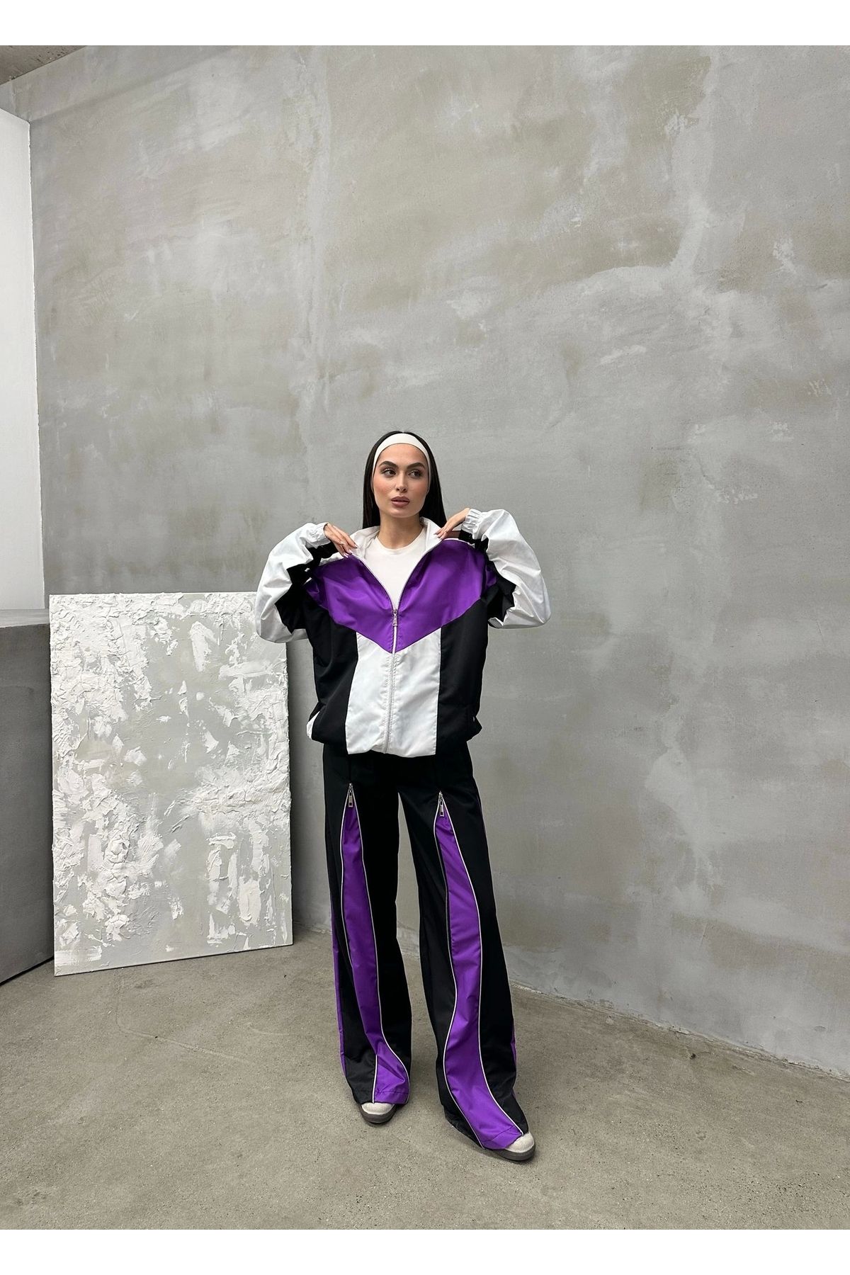Violon Zipper Detail Siyah Mor Unisex Oversize Eşofman