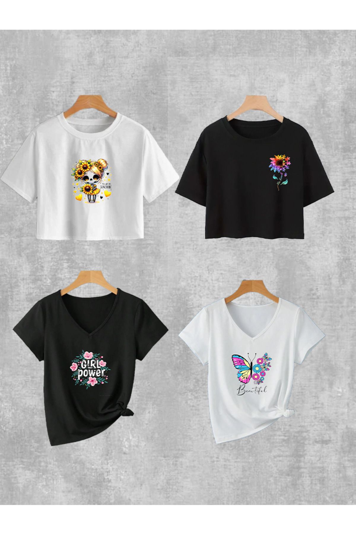 S&A DESIGN Yeni Sezon V Yaka & Crop Yazlık T-Shirt (Siyah-Beyaz ) 4 'lü Paket