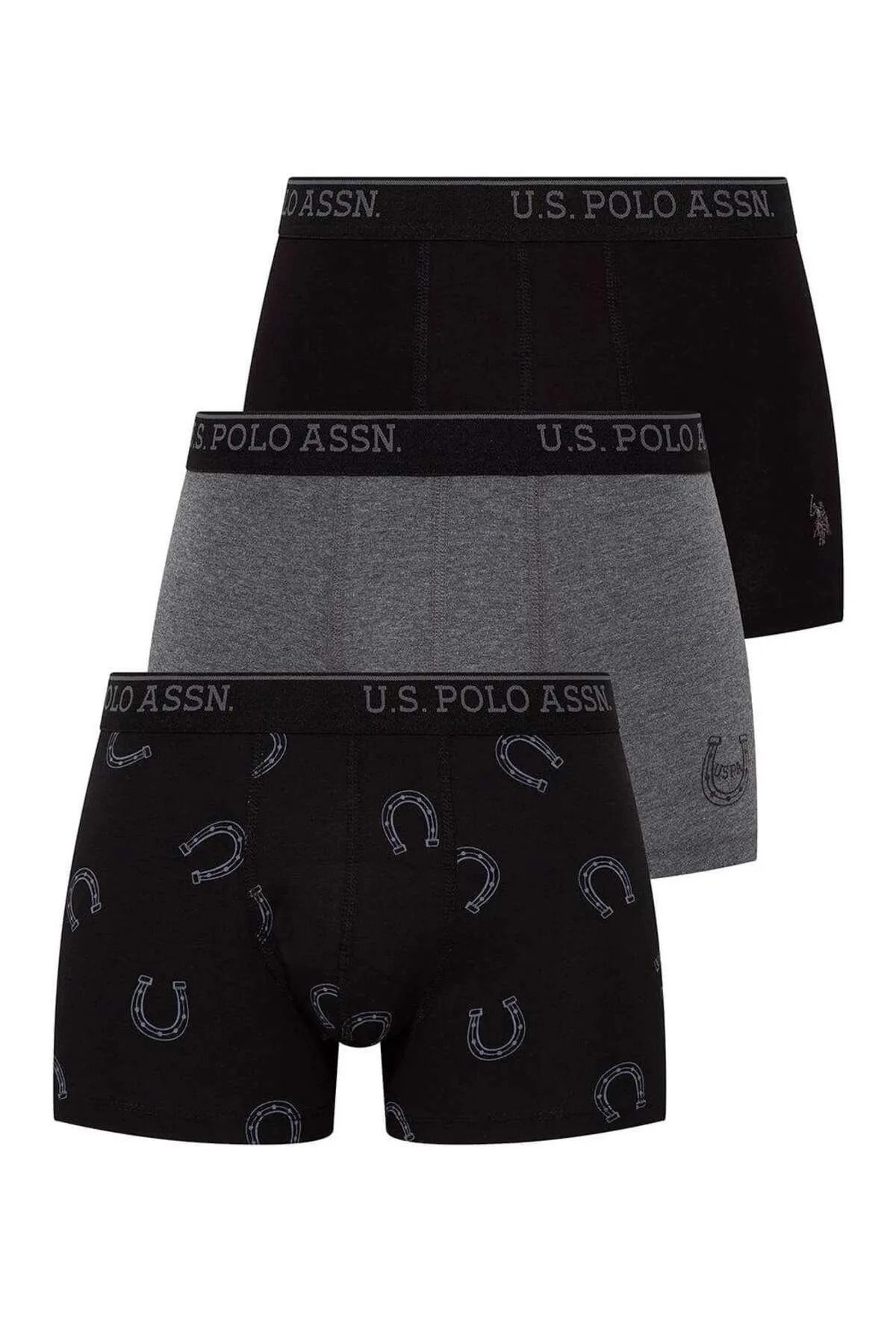 U.S. Polo Assn. 3'lü Paket, Pamuklu & Likralı, Nal Baskılı, Boxer Set, Antrasit & Siyah