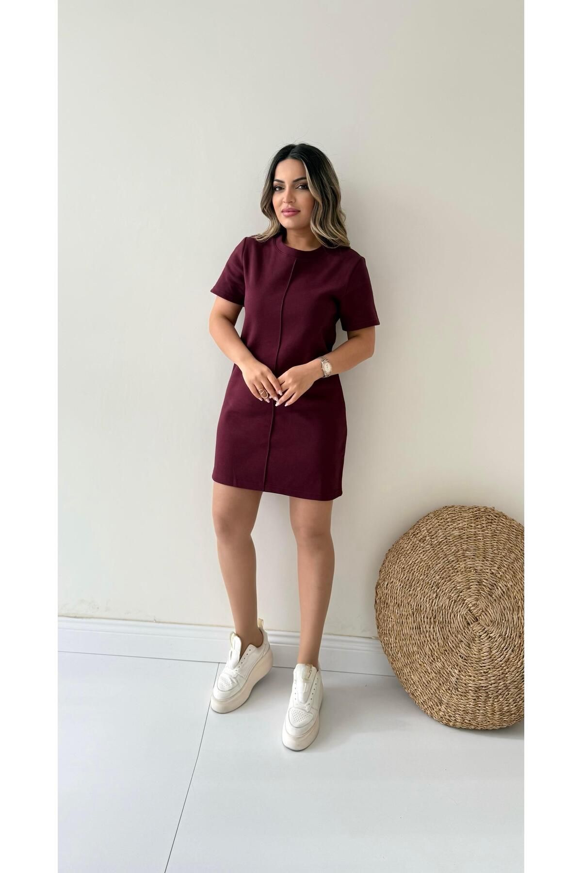 SEDA FİDAN Kısa Kol Marka Pike Elbise Bordo