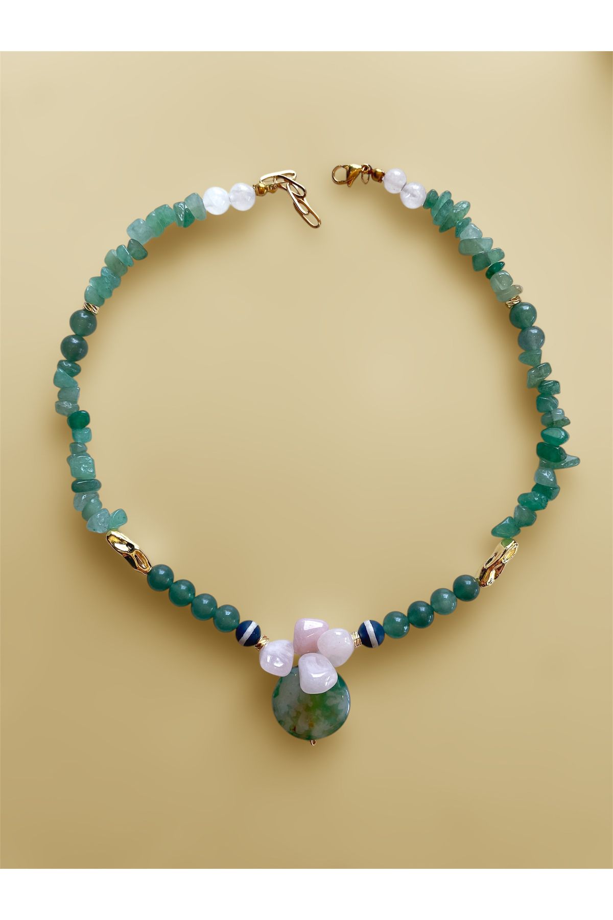 Mune İstanbul Meredith, Aventurin, Tibet Akik, Pembe Kuvars tasarım kolye
