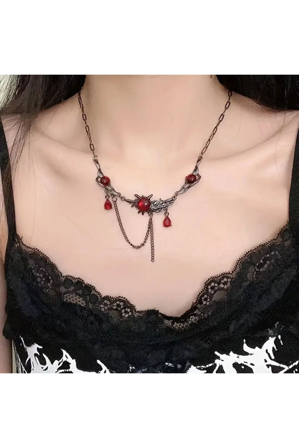MİLALAZO Kadınlar ve Erkekler için Gotik Punk Koyu Kırmızı Püskül Zincirli Kolye