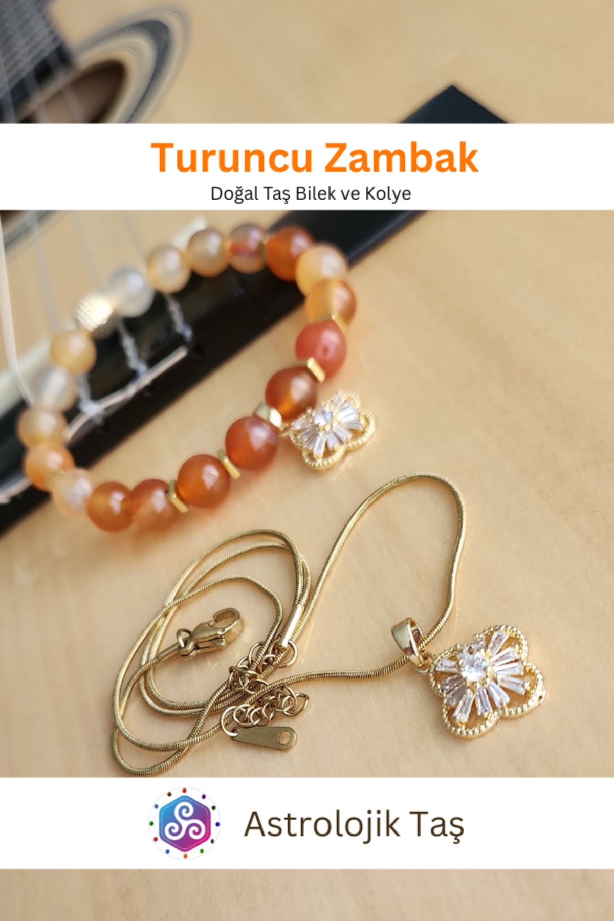 Astrolojik Doğal Taş Turuncu Zambak Doğal Taş Bileklik ve Charm Kolye Takımı