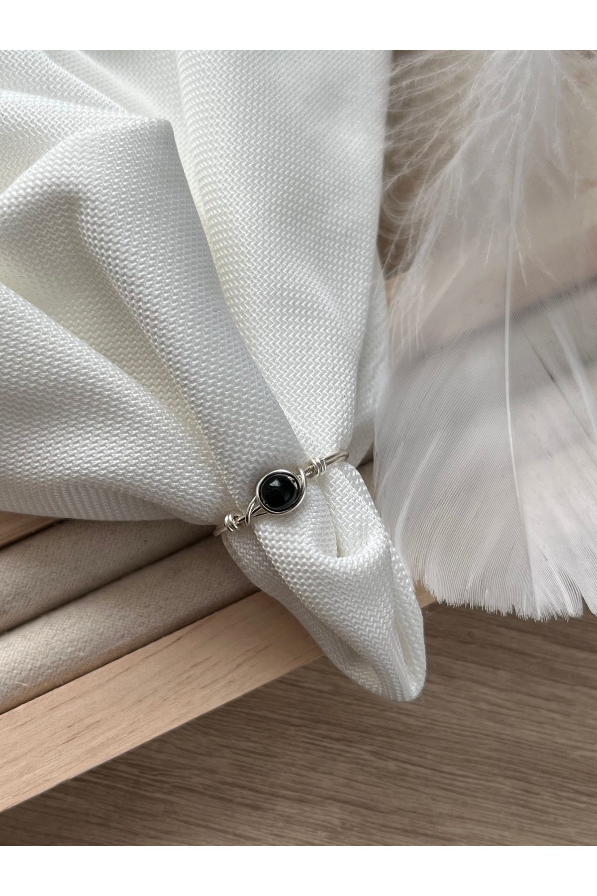 Pel Design Minimal Siyah Oniks Taşı Gümüş Tel Yüzük