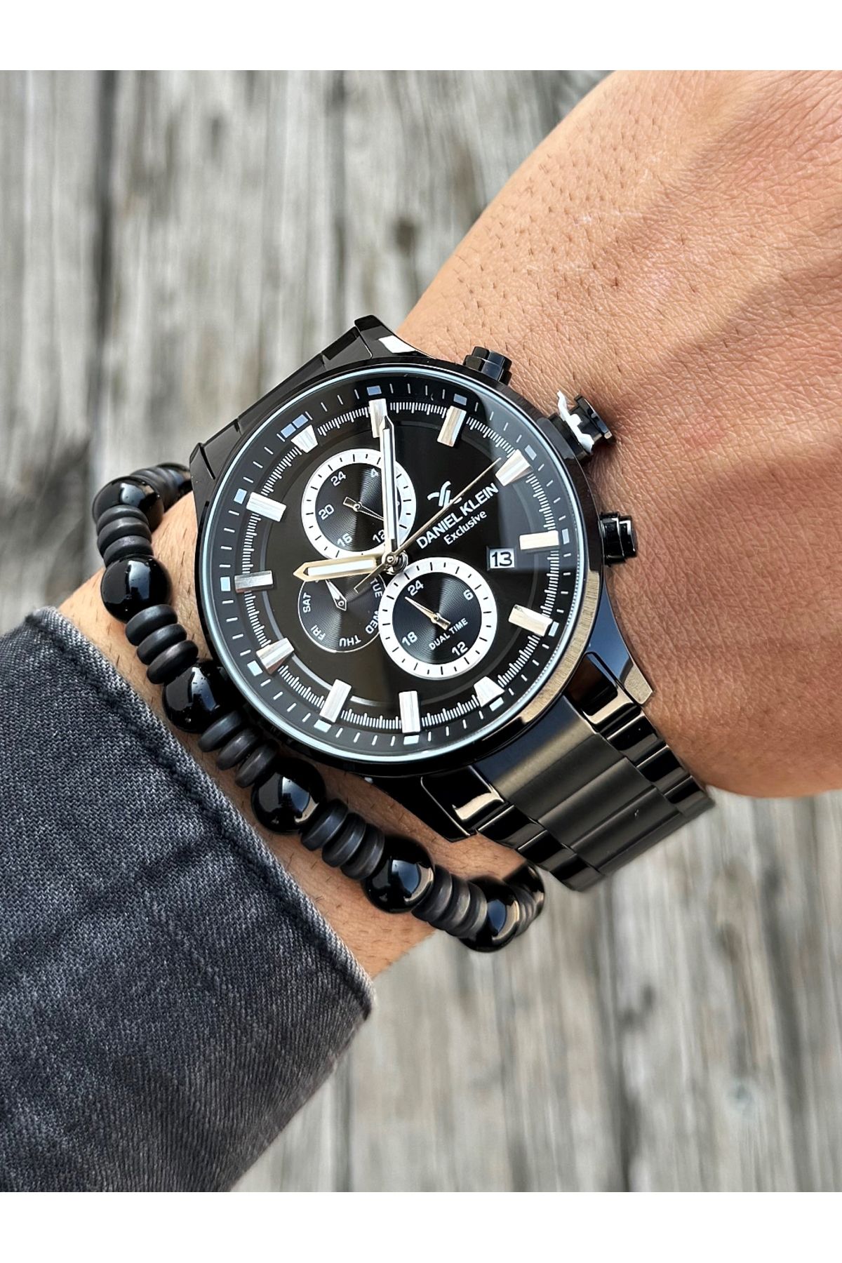 Daniel Klein Exclusıve Fonksiyonlu 2 Yıl Garantili Siyah Renk Erkek Kol Saati Doğal Taş Bileklik Dkl39