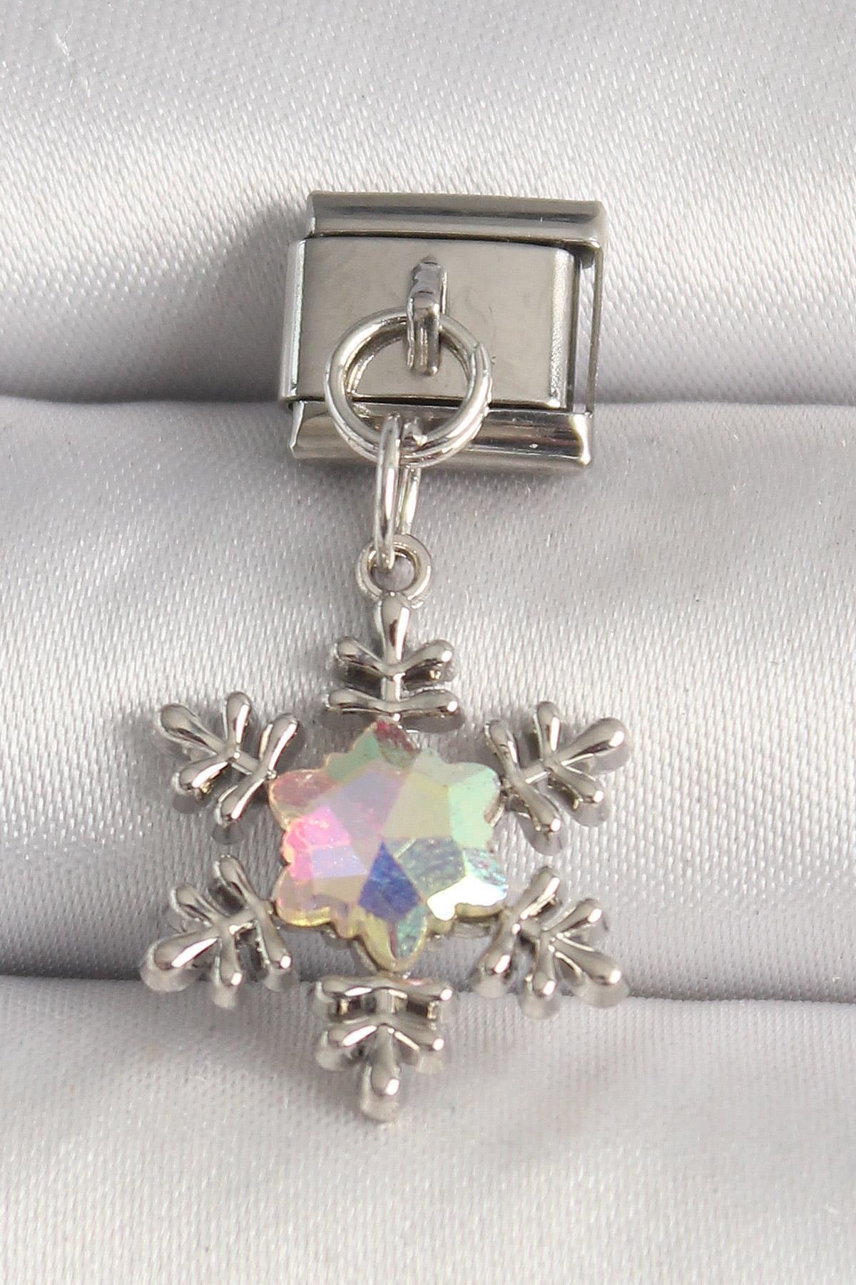prativas 316L Çelik Gümüş Renk Hologram Mineli Kar Tanesi Model Nomination Charm