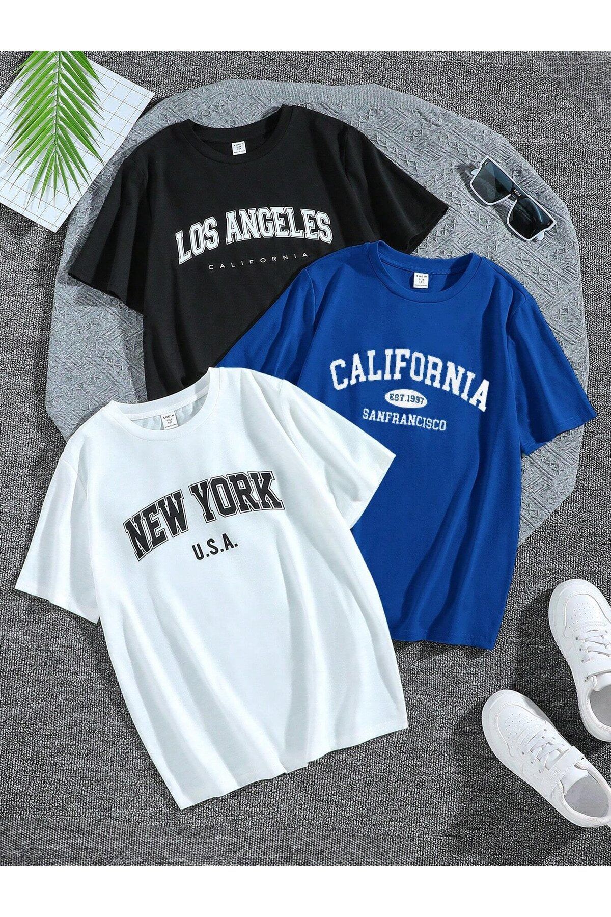 darkopia Unisex Los Angeles, California Baskılı 3 Adet Oversize T-shirt 3lü Paket