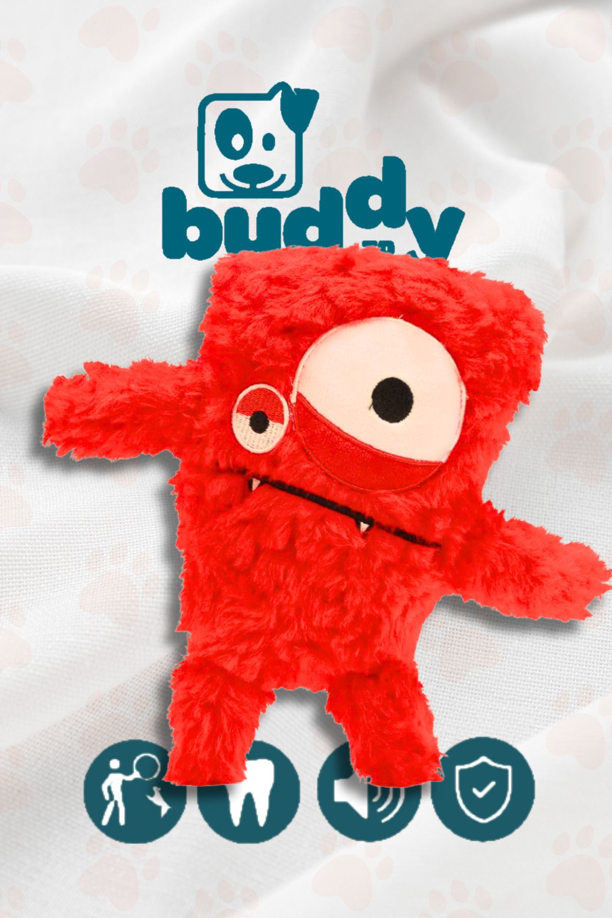 buddyTR " FluffyFanger " Kırmızı Peluş Köpek Oyuncağı - Isırmaya Çekiştirmeye Dayanıklı