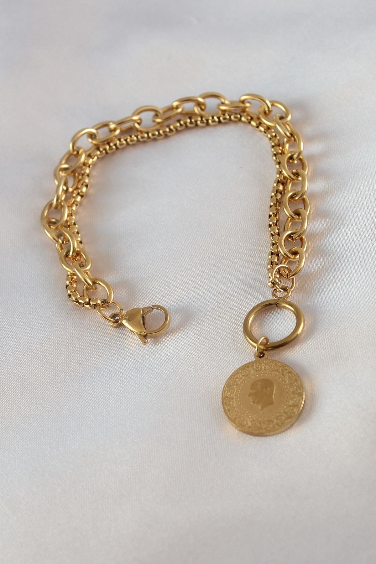 prativas 316L Çelik Gold Renk 2li Zincir Model Çeyrek Altınlı Kadın Bileklik