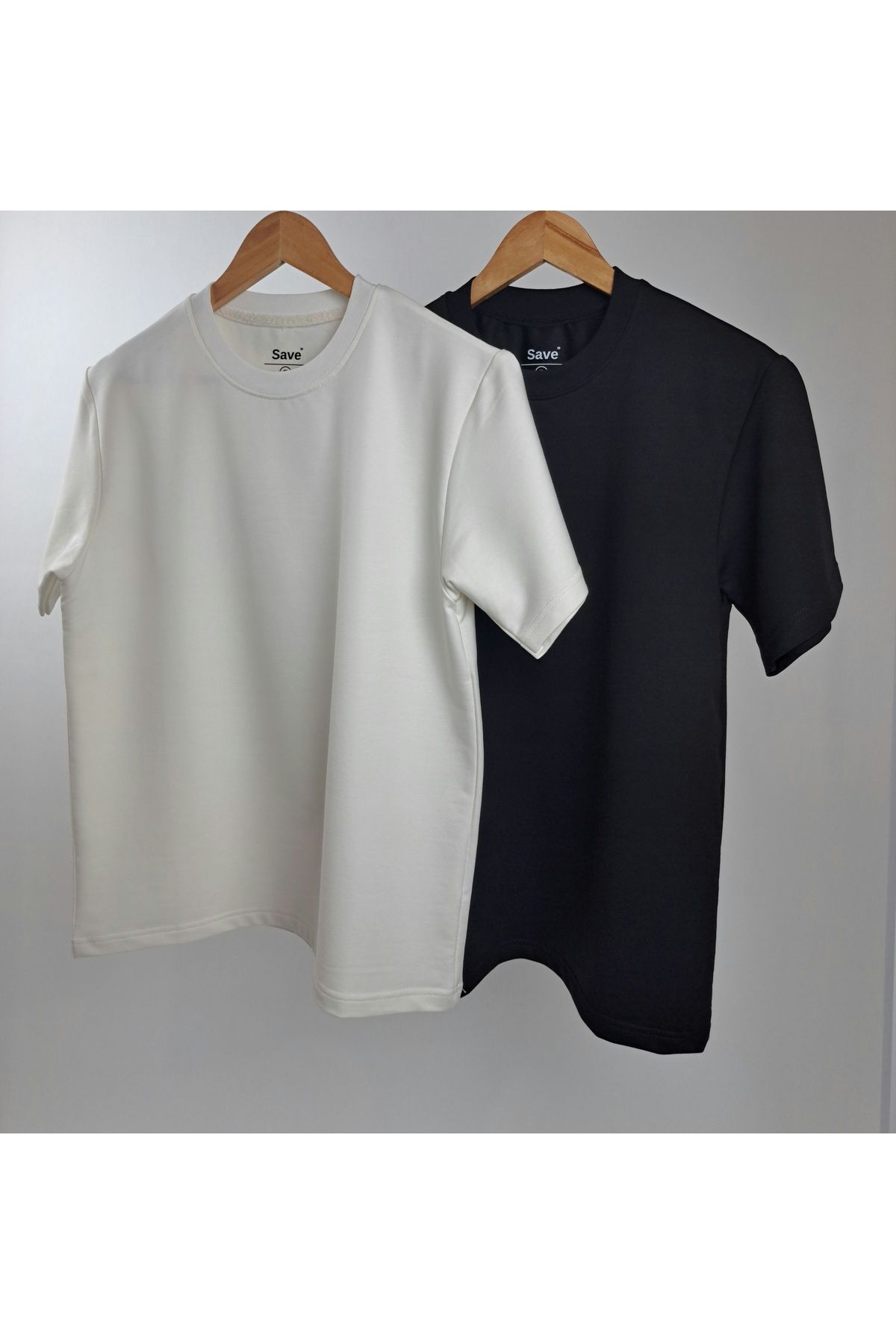 SAVE Unisex Kadın / Erkek 2 li Kısa Kollu Düz Krem-Siyah Tişört Regular fit / Normal kesim T-shirt