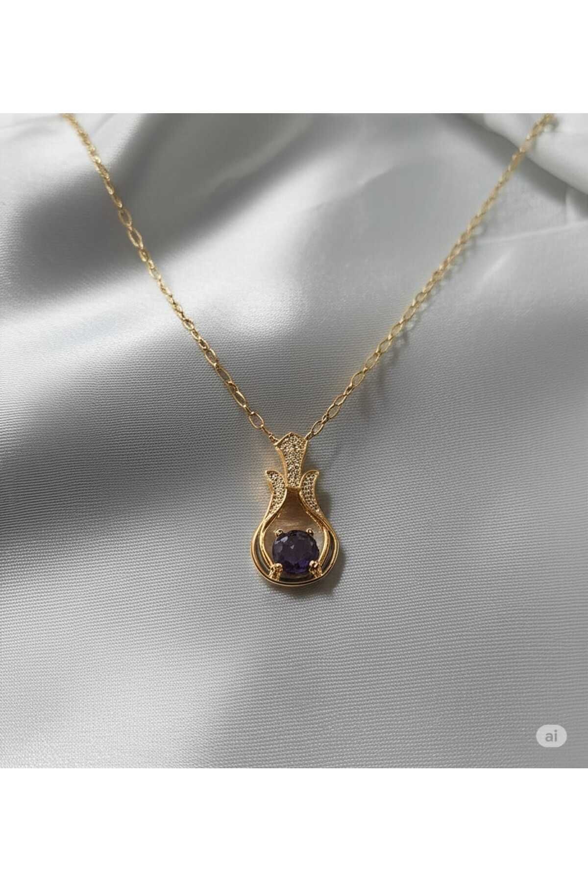 magische Gold Mor taşlı Lale modeli kolye