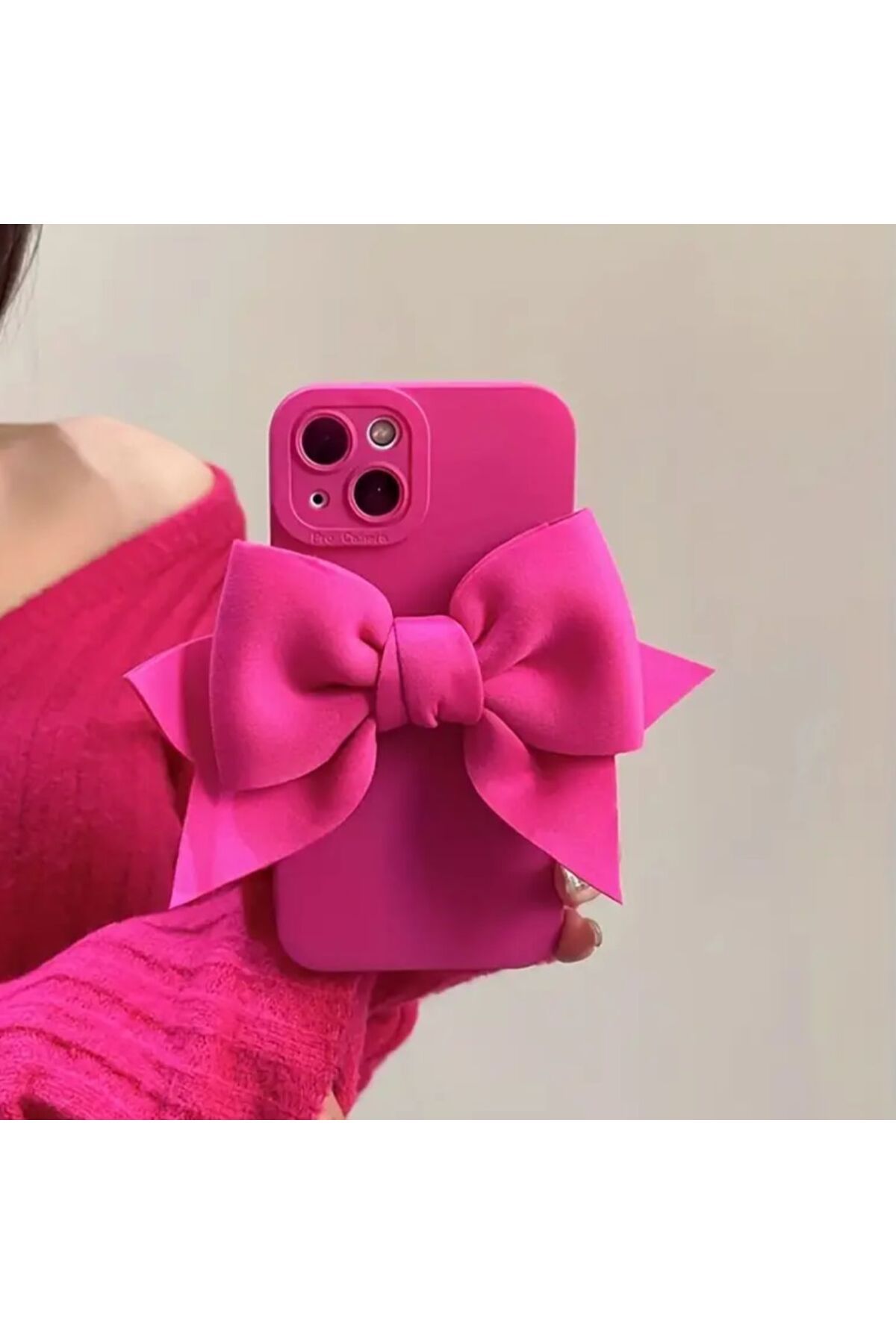 Yıldız Accessory iPhone 14 Ve iPhone 13 Uyumlu Fiyonklu Krem Fuşya Pudra Renk Korumalı Silikon Kılıf