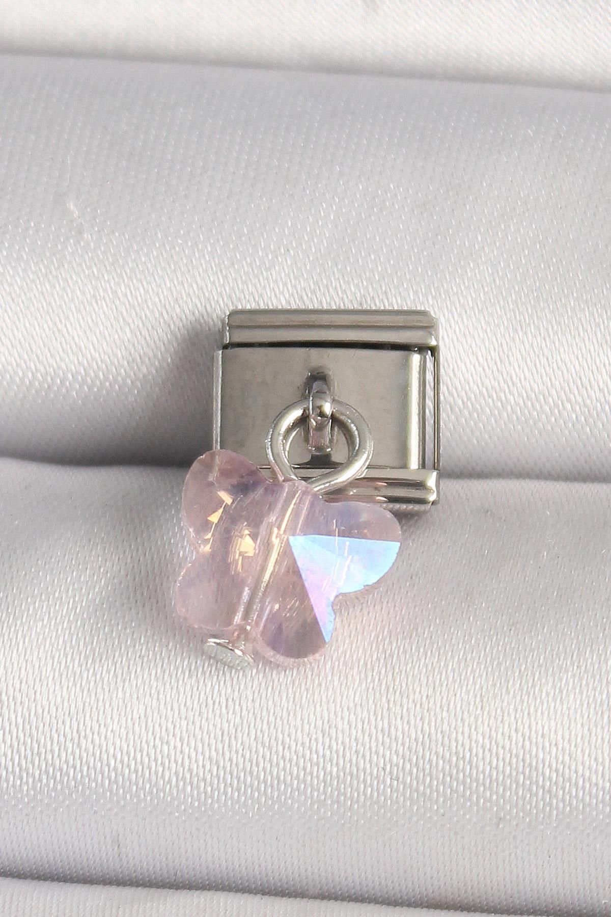 prativas 316L Çelik Gümüş Renk Pembe Zirkon Taşlı Kelebek Model Nomination Charm