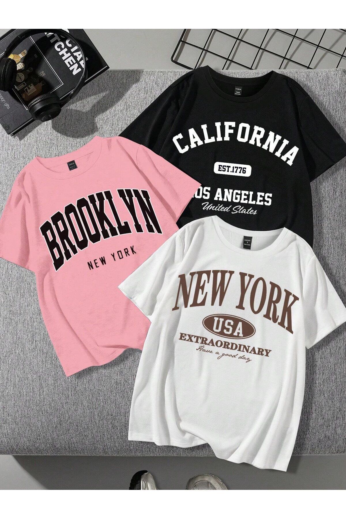 darkopia Unisex Kadın Erkek Brooklyn, California, New York Baskılı Oversize T-shirt 3lü Paket Tişört