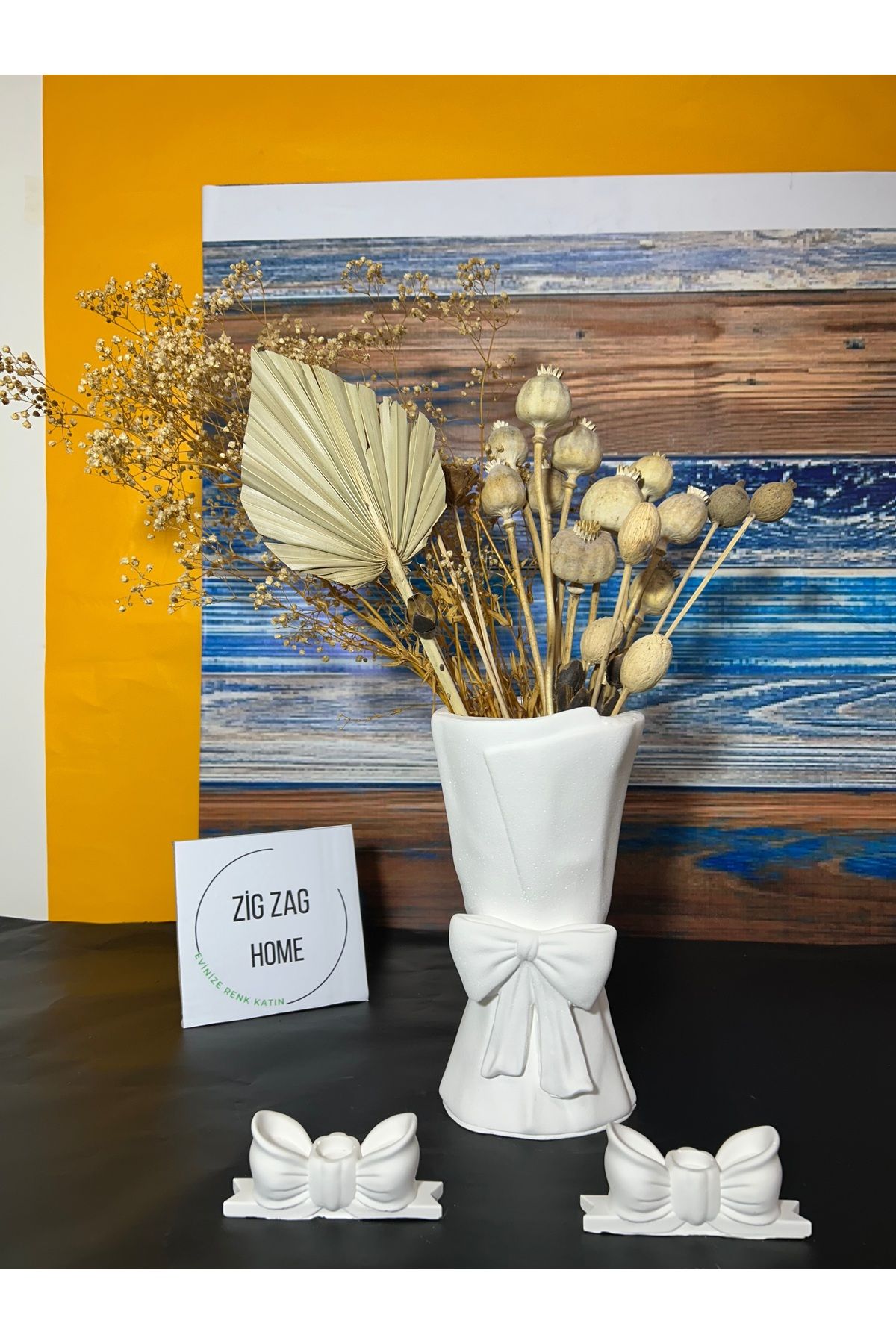 Zigzag Home Bohem Büyük Boy Fiyonk, Buket Vazo / 2’Adet Fiyonk , Kurdele Mumluk Hediyeli /Vazo ve Mumluk Takım