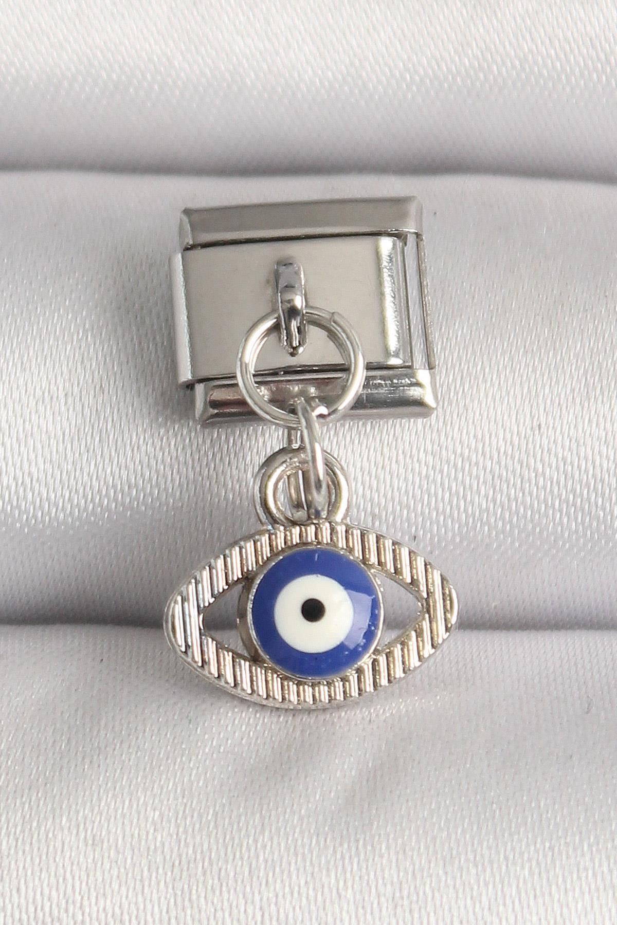 prativas 316L Çelik Gümüş Renk Nazar Boncuk Detaylı Göz Model Nomination Charm