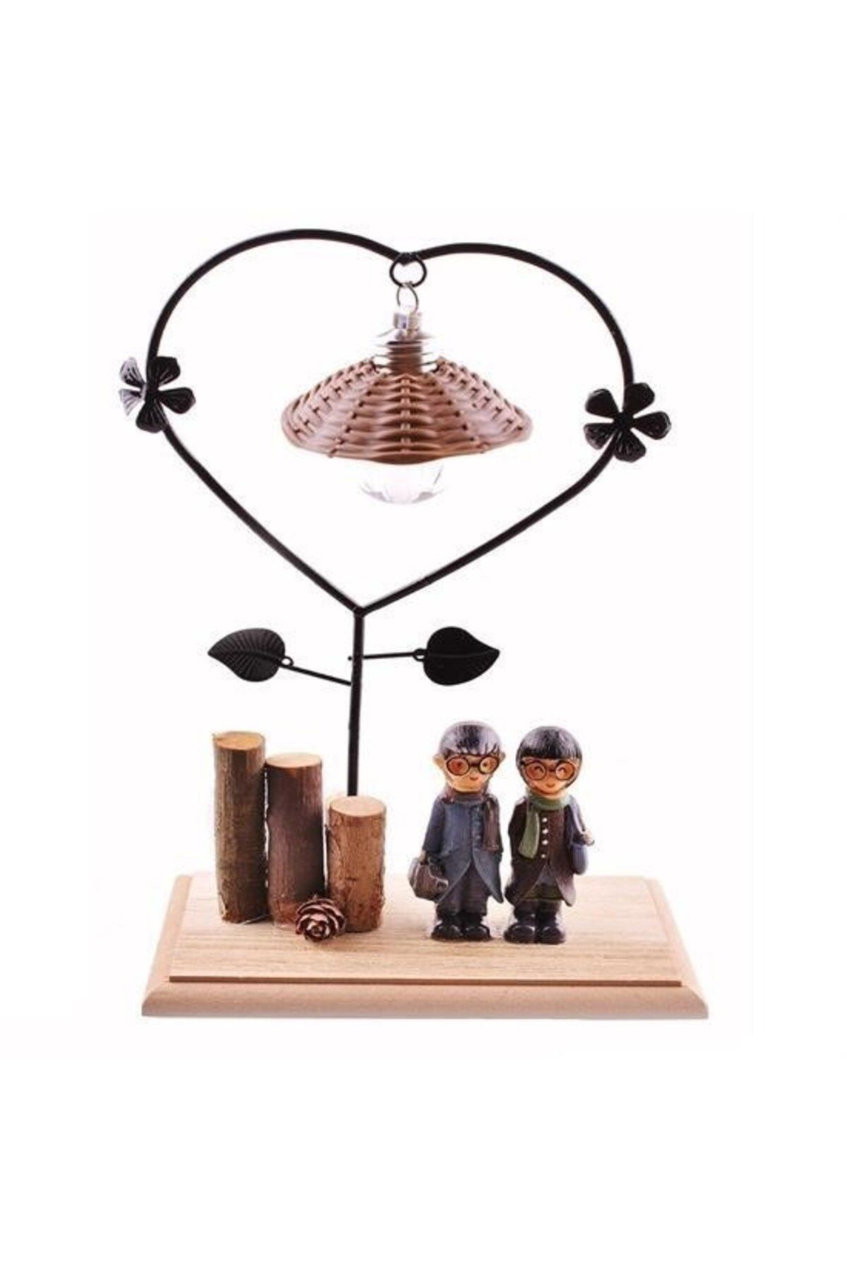 BirdoluSepet Pilli Işıklı Romantik Çift Tema Büyük Boy Dekoratif Ahşap Biblo