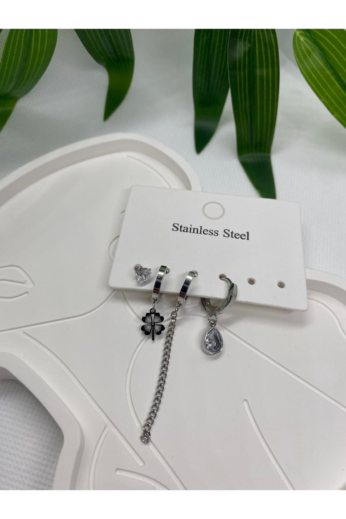 KÜBRA UYAN JEWELRY ÇELİK DÖRTLÜ KÜPE GÜMÜŞ RENK KADIN 4LÜ KÜPE