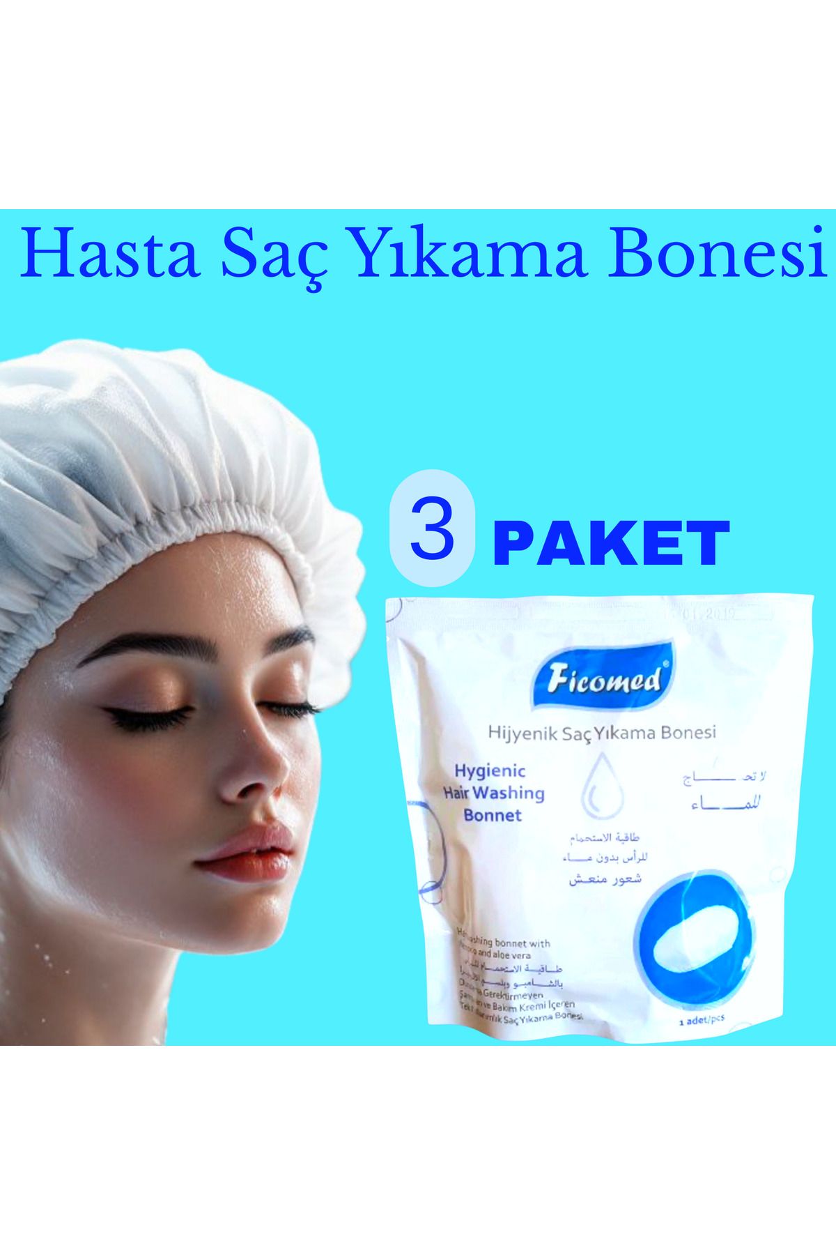 Ficomed Hijyenik Saç Yıkama Bonesi ( 3 Paket ) / Hasta Banyo / Hasta Temizlik / Hasta Bakım