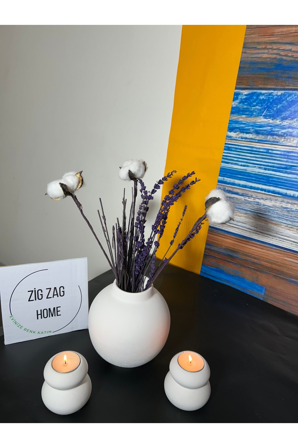 Zigzag Home Yuvarlak Küre Vazo 2’li Mumluk Hediyeli Dekoratif Vazo Mumluk Takım