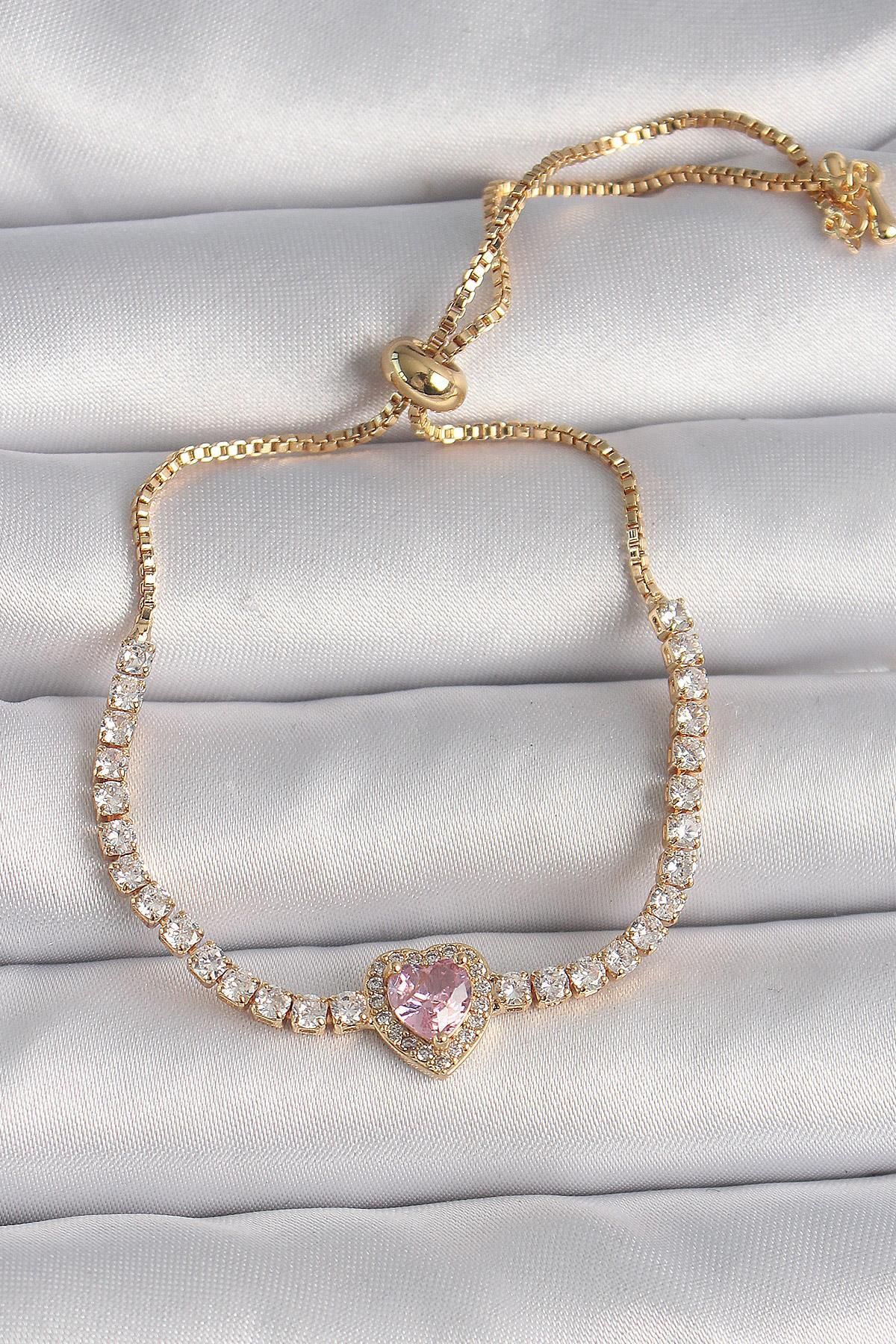 prativas Pirinç Gold Renk Su Yolu Zirkon Taşlı Pembe Zirkon Taşlı Kalp Asansör Model Charm Kadın Bileklik
