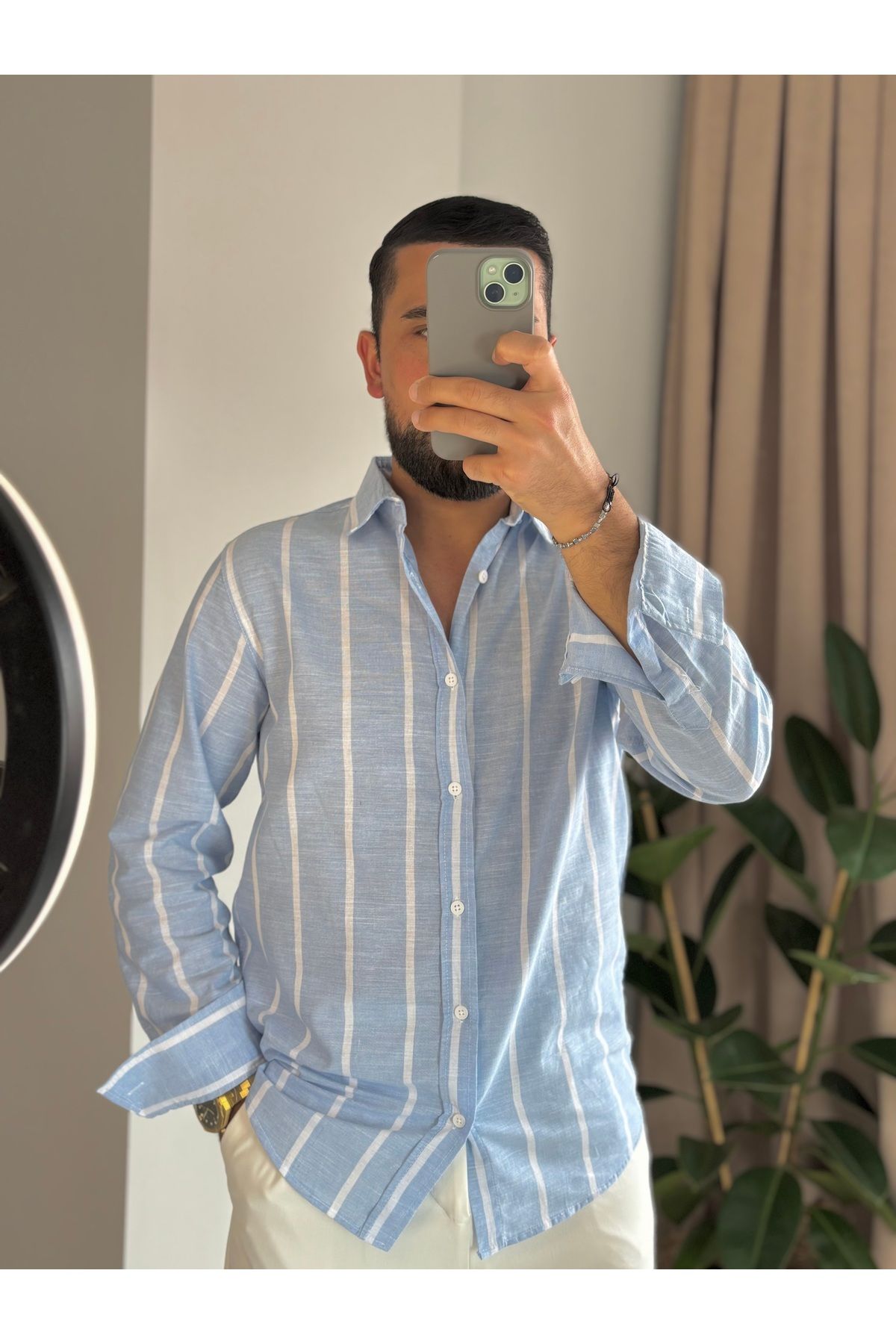 ONUR ERBİL MODA “Erkek Mavi Beyaz Çizgili Keten Görünümlü Gömlek – Rahat Kalıp Yazlık”