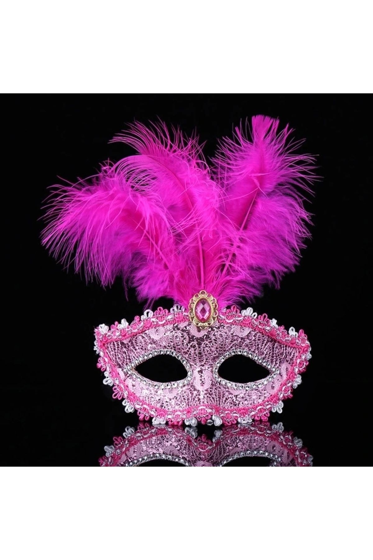 STOREMAX Pembe Dantel İşlemeli Pembe Tüylü Balo Parti Maskesi 17x20 cm (5047)