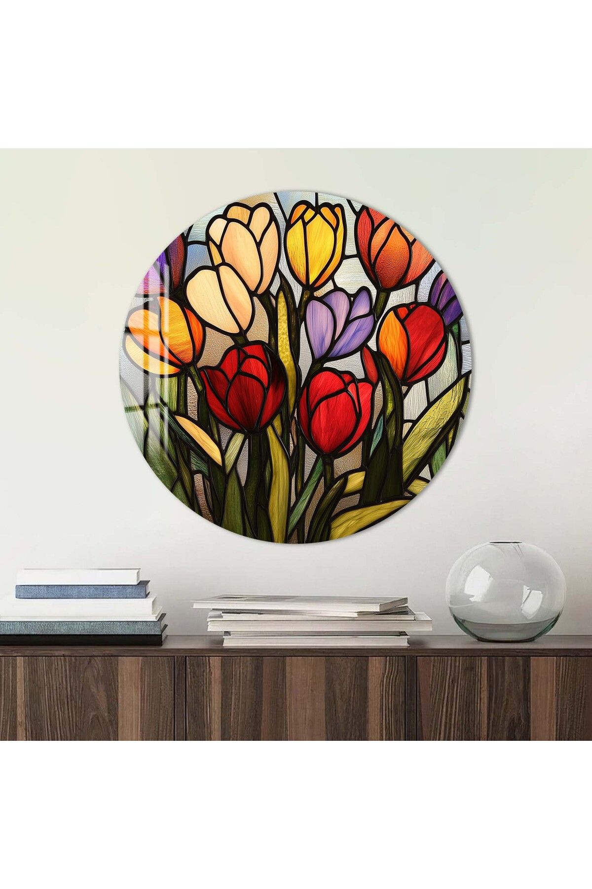 Artmate Yuvarlak Temperli Kırılmaz Çiçek Cam Tablo