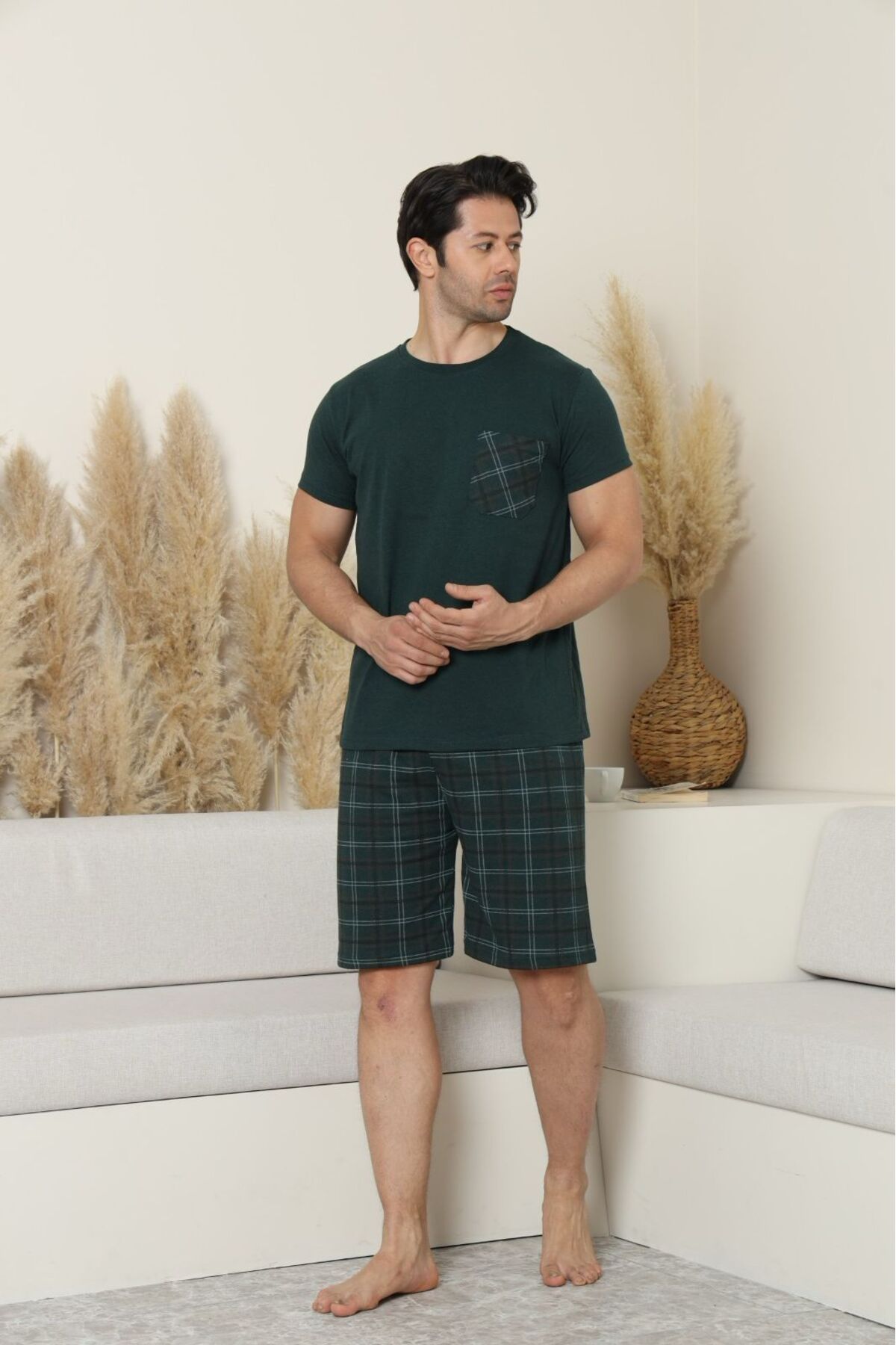 Sude HOMEWEAR ERCAN ERKEK KISA KOL ÜST CEPLİ ALT KAPRİ PJM TAKM