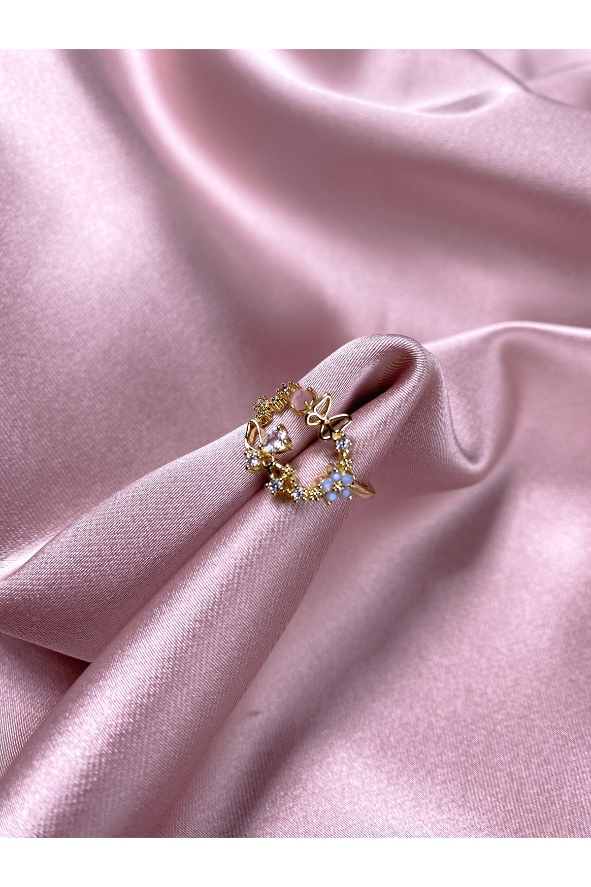 Jewerly Violetta Kelebekli Çiçekli Gold Çelik Yüzük