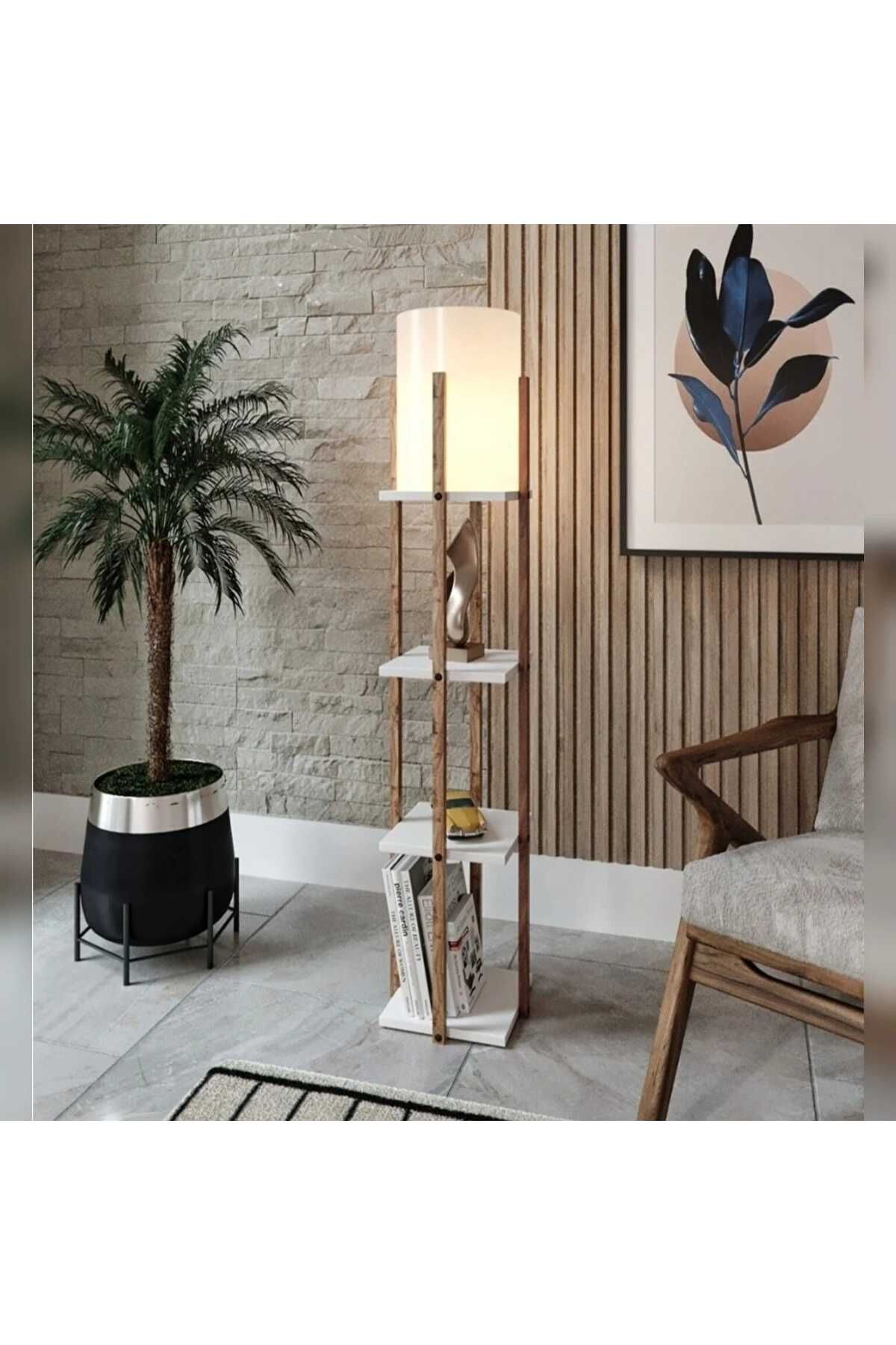 Tekster Beyaz Kahve Dekoratif Modern Ahşap Mdf 3 Katlı Raflı Sehpalı Lambader