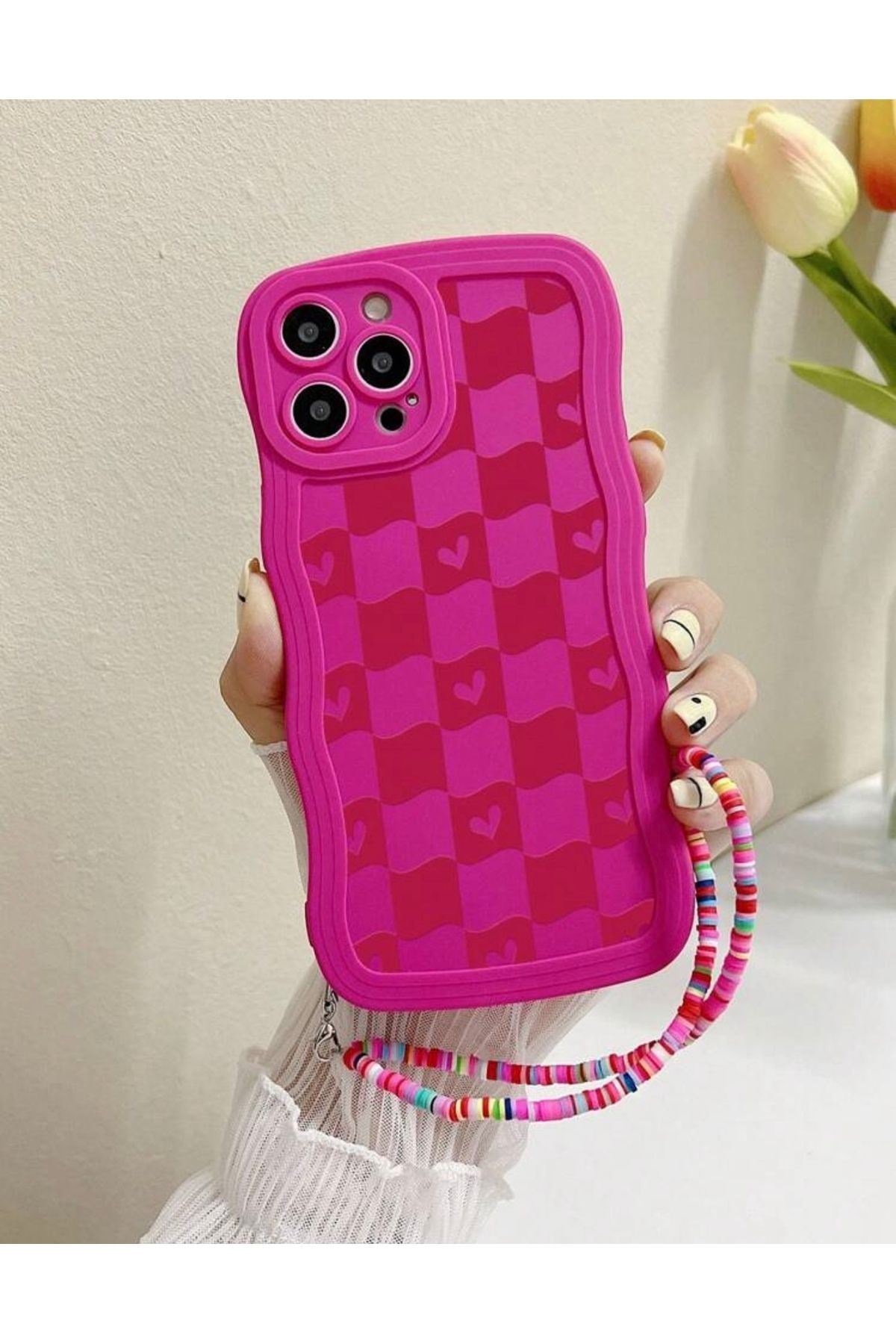 MirazTasarim IPHONE 13 PROMAX İPLİ KALP DESENLİ DALGALI KENARLI FUŞYA KILIF