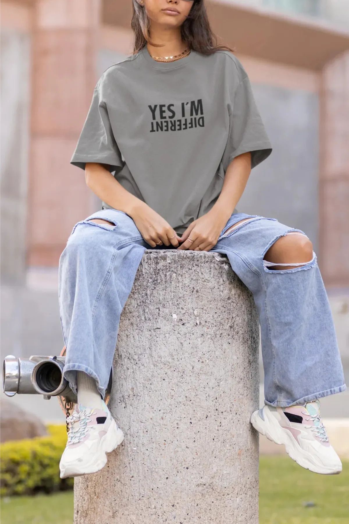 FeaR LeeS Unisex Oversize Bisiklet Yaka Pamuk Yes I'M Baskılı Kısa Kollu Tişört