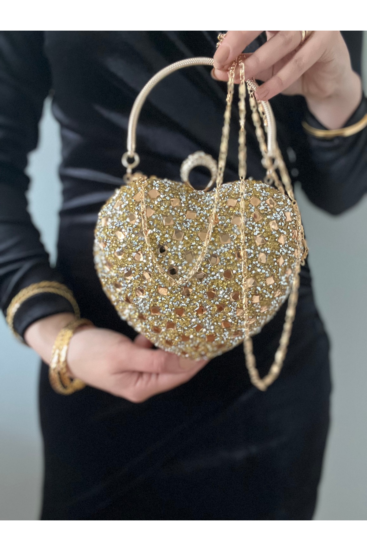 Baykuş Boutique Kalpli Abiye Çanta Kadın Kristal Taşlı El ve Omuz Askılı Abiye Çanta görsel 4