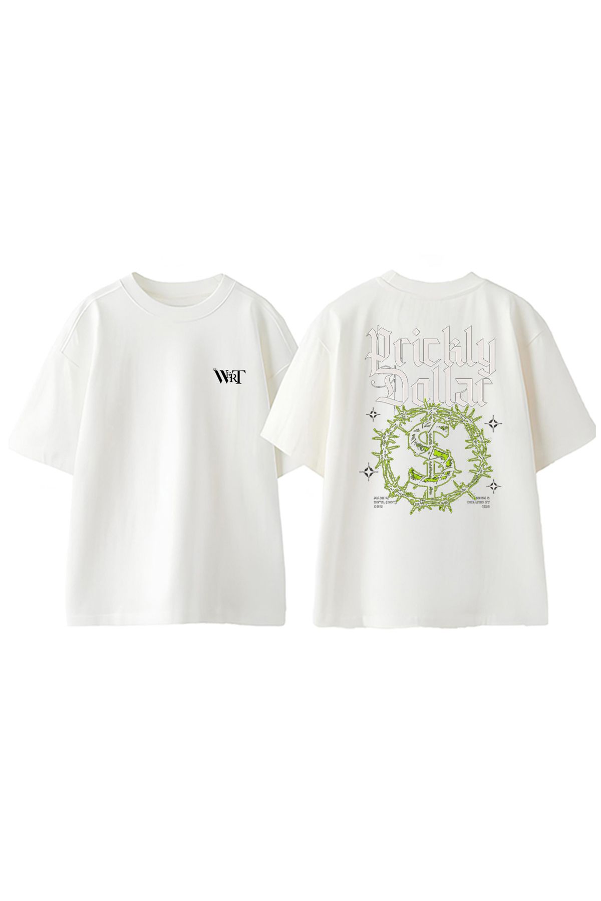 THEWERT Prickly Dollar Tasarım Sırt Baskılı Pamuk Beyaz Oversize T-shirt