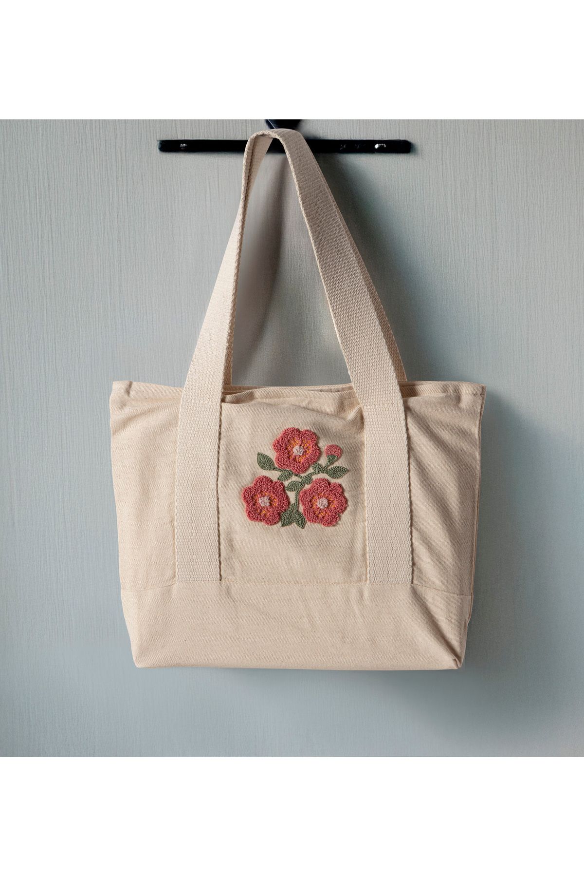 SWITA Punch İşlemeli Desenli Keten Omuz Çantası, Plaj Çantası, El Çantası %100 Pamuk 36x29 cm