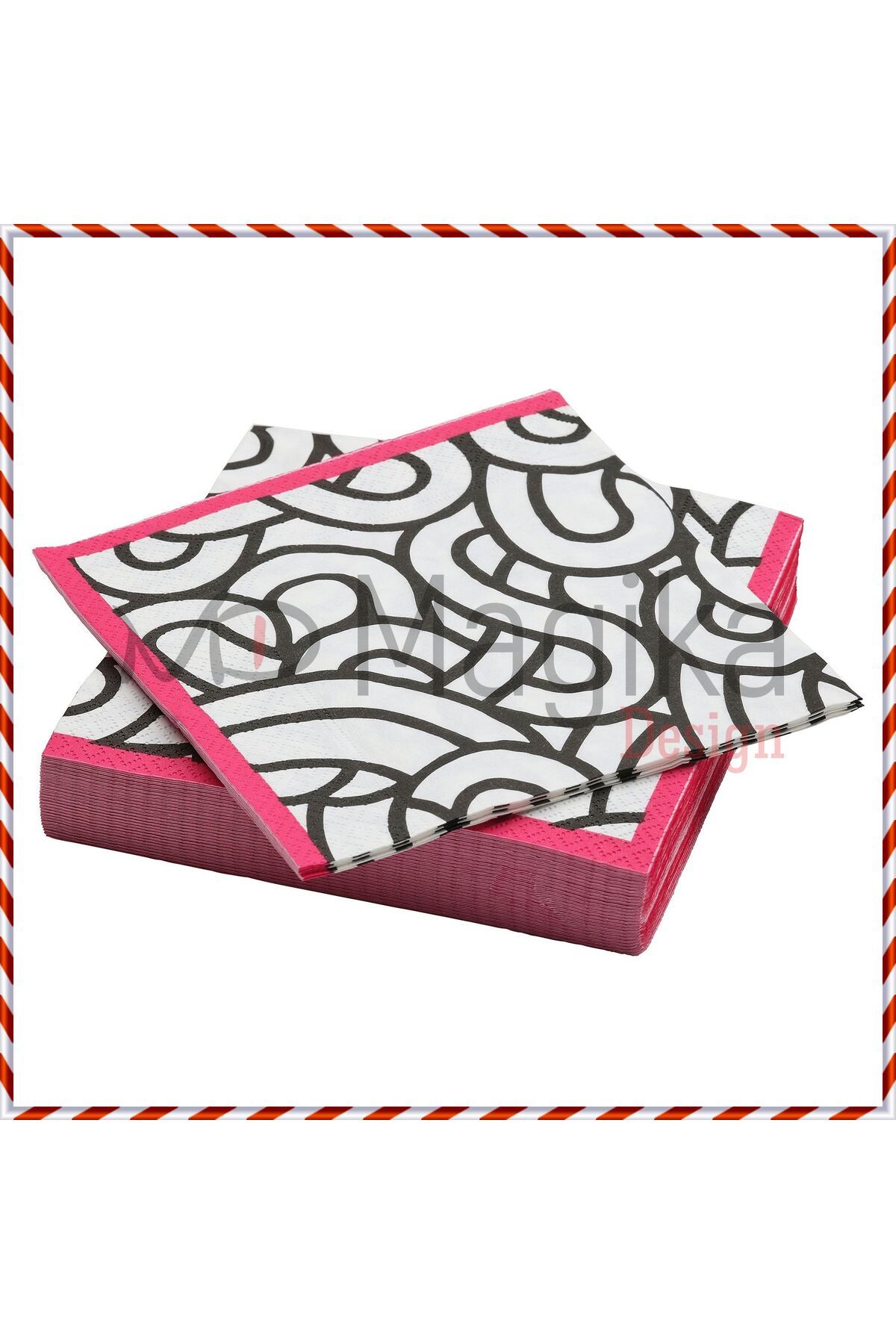 Magika Design Sötrönn Siyah Beyaz ve Pembe Desenli Peçete, 33x33 cm, 30'lu