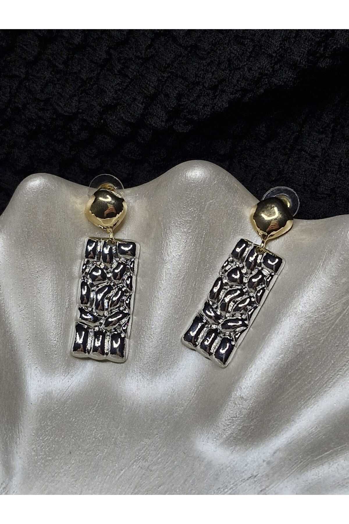 Palk Store Çelik Vintage Gold Gümüş Renkli Sallantılı Geometrik Küpe